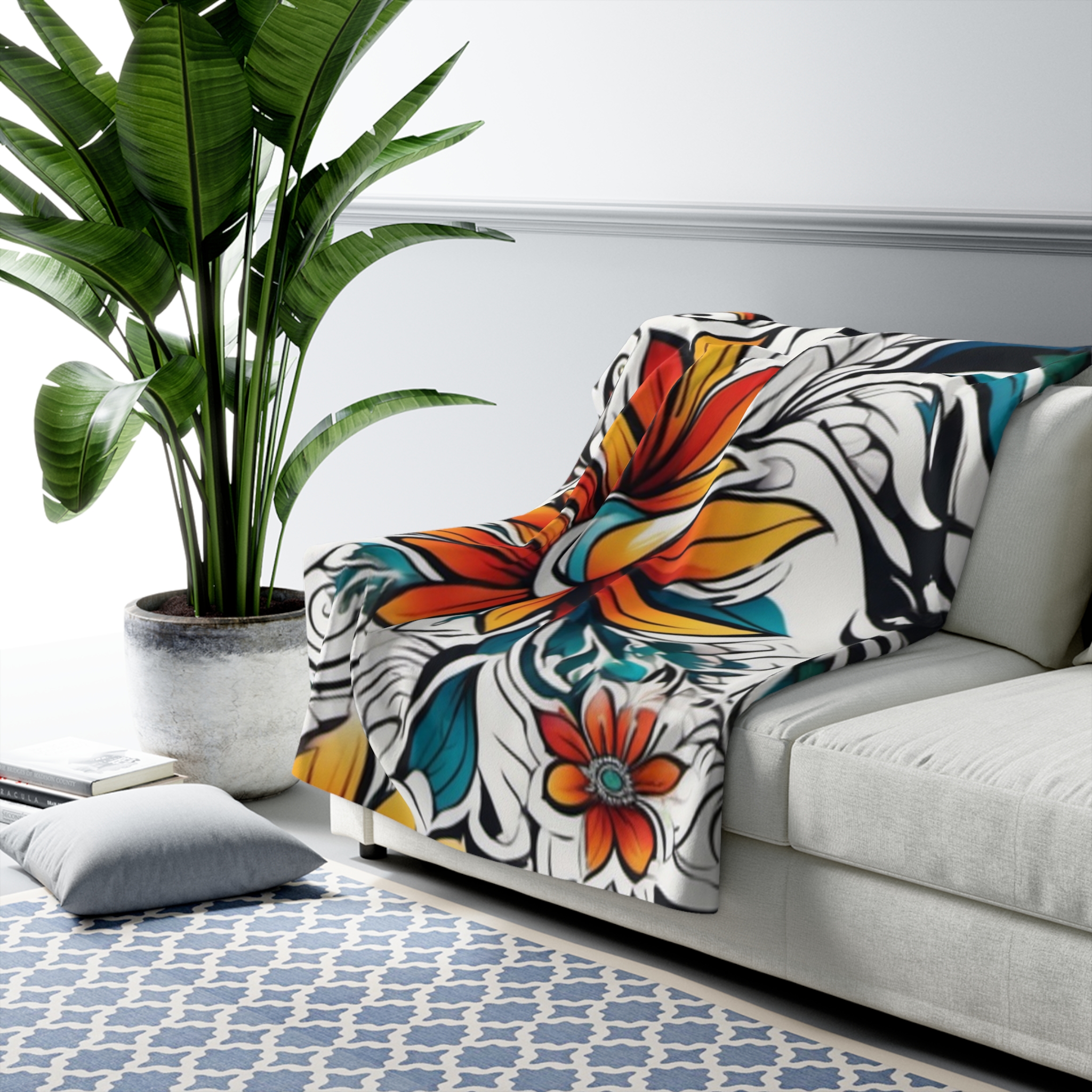 Tropical Floral Sherpa Blanket – Vibrant Orange & Teal Plumeria Throw - Image 3