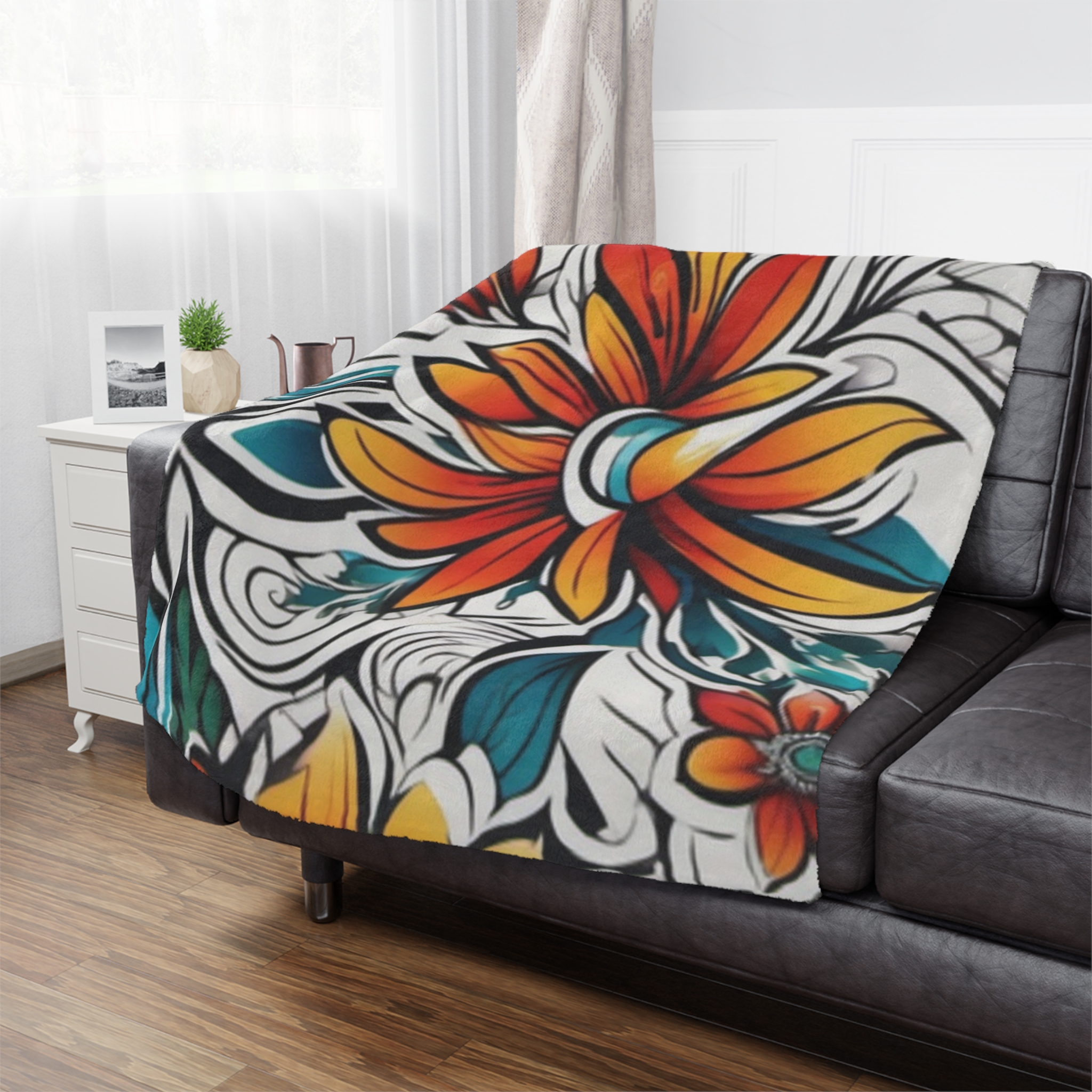Floral Boho Minky Blanket – Vibrant Orange & Teal Flower Throw - Image 8