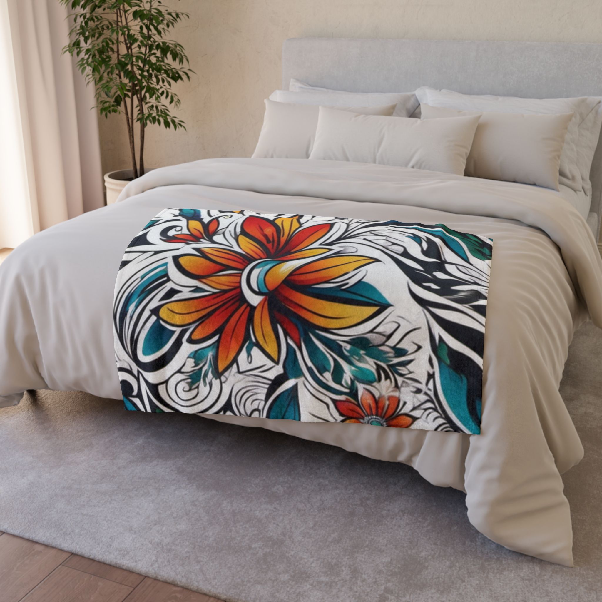 Floral Swirl Polyester Blanket — Vibrant Orange & Teal Bloom Throw - Image 4