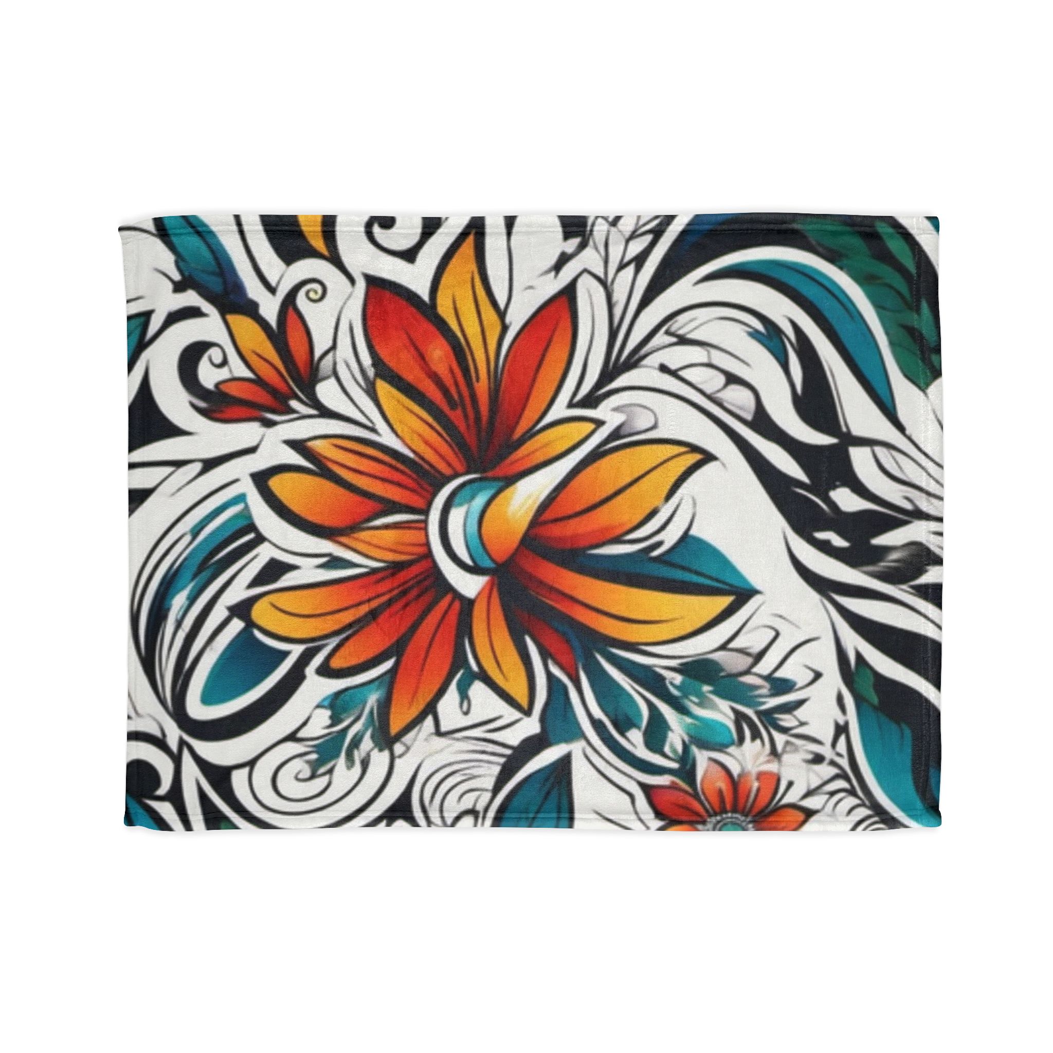 Floral Swirl Polyester Blanket — Vibrant Orange & Teal Bloom Throw