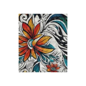Crushed Velvet Blanket - Boho Floral Velvet Throw with Teal & Orange Sunflower Design