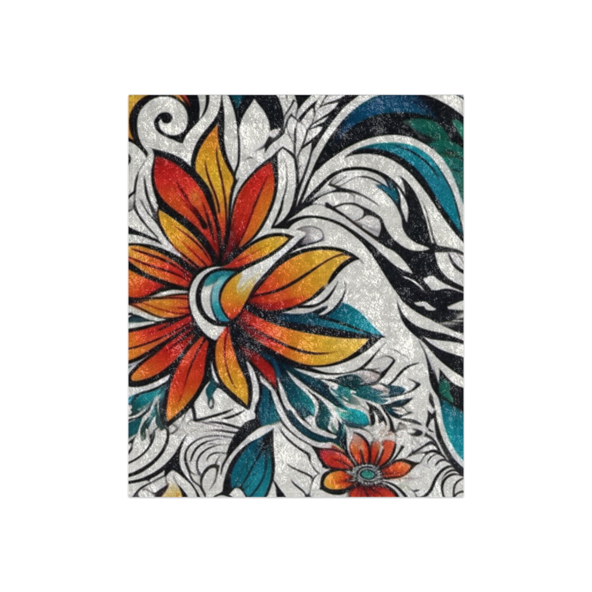 Crushed Velvet Blanket - Boho Floral Velvet Throw with Teal & Orange Sunflower Design