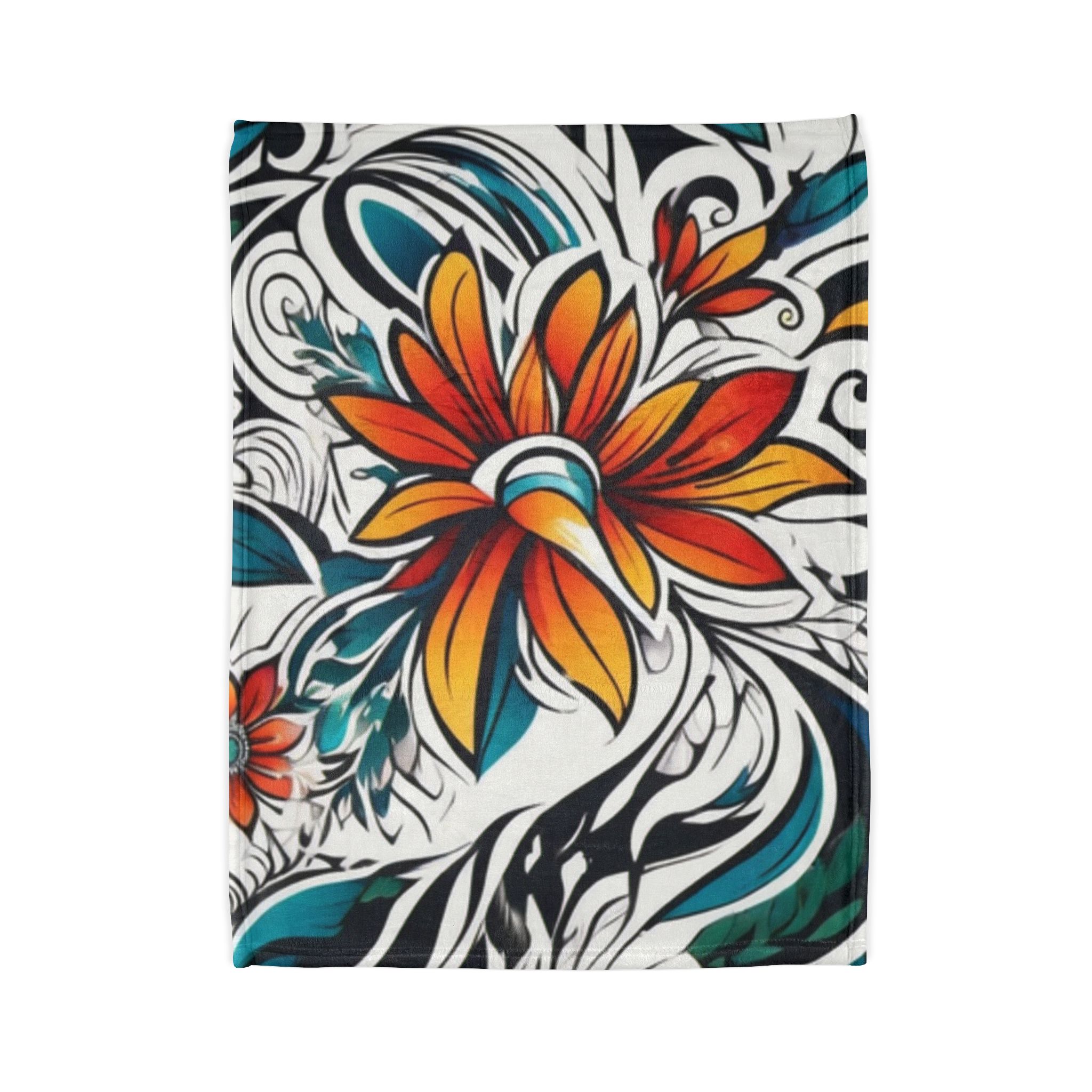 Floral Swirl Polyester Blanket — Vibrant Orange & Teal Bloom Throw - Image 2