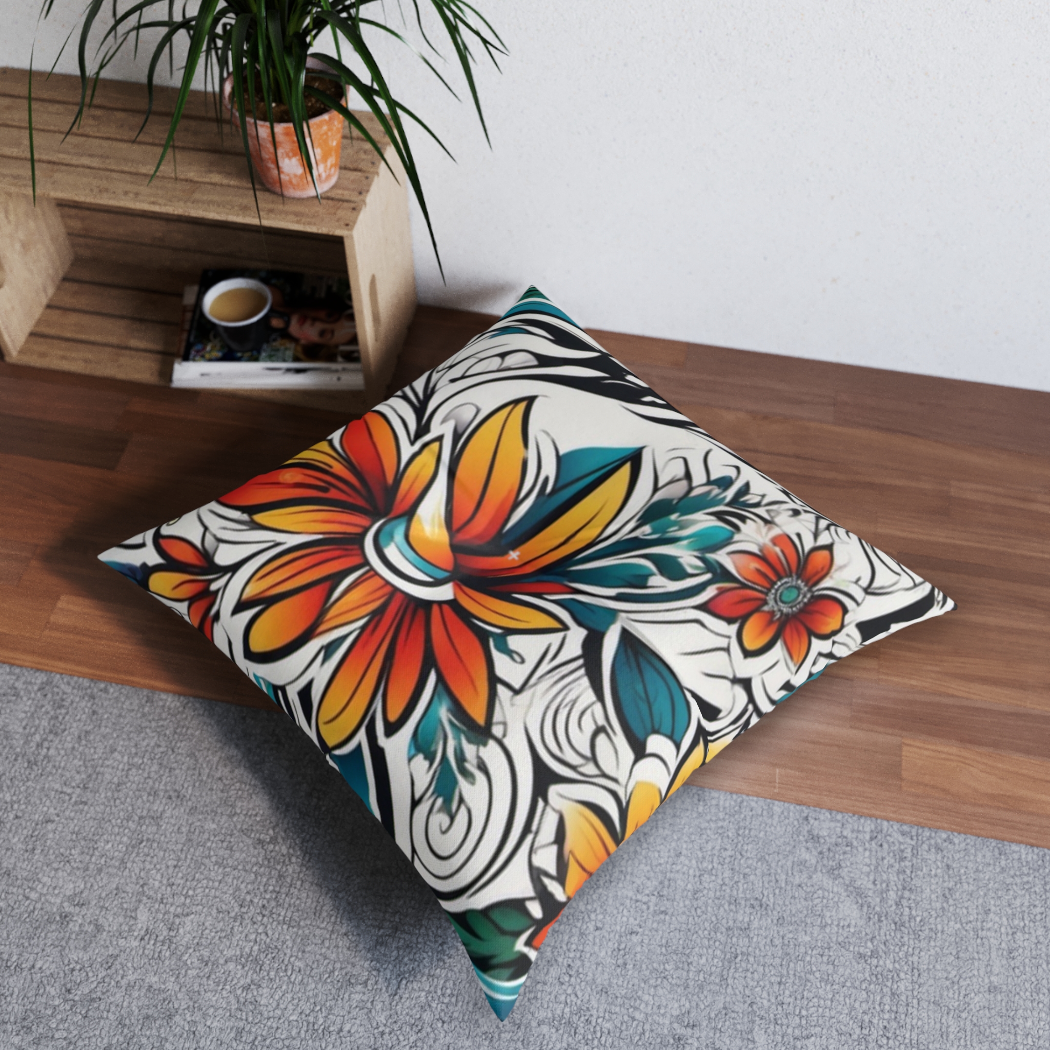 Boho Floral Tufted Floor Pillow – Vibrant Orange & Teal Square Cushion - Image 8
