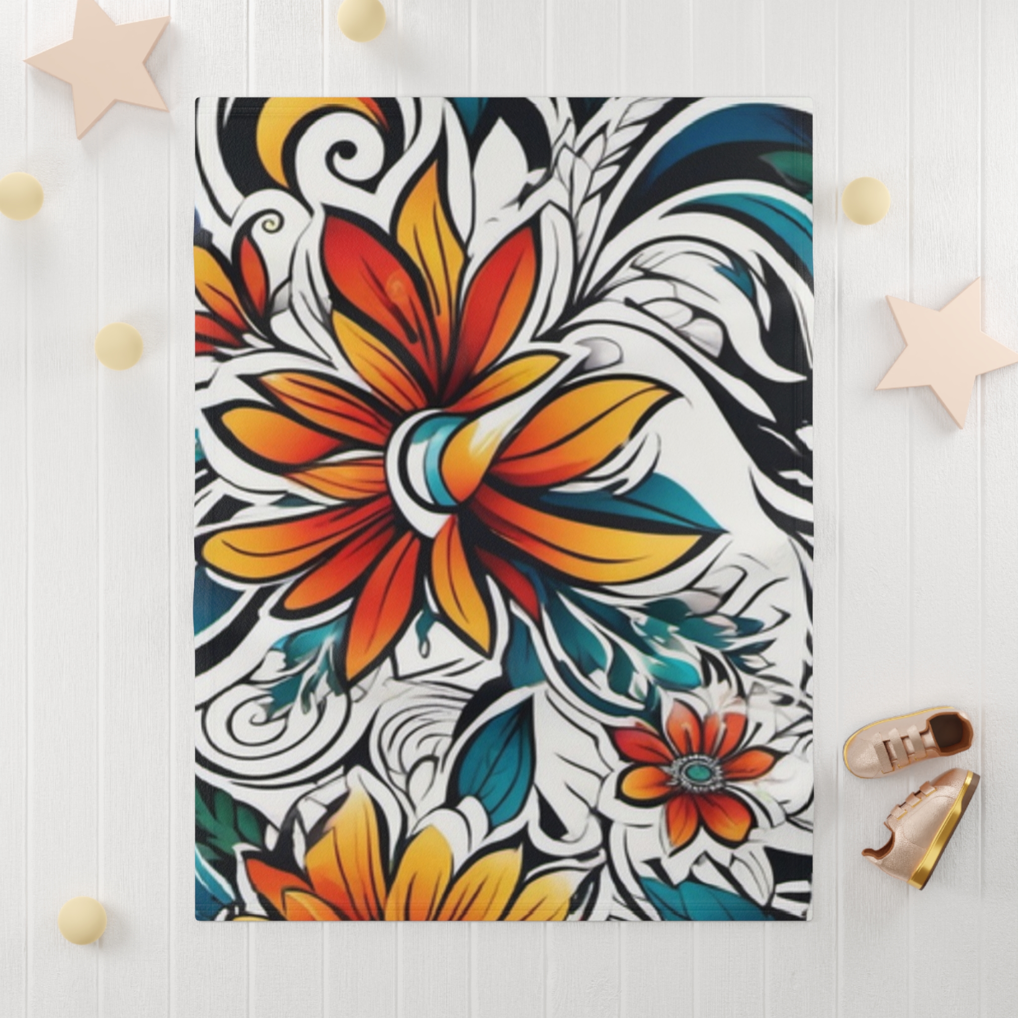 Floral Burst Baby Blanket — Colorful Orange & Teal Fleece Throw - Image 3