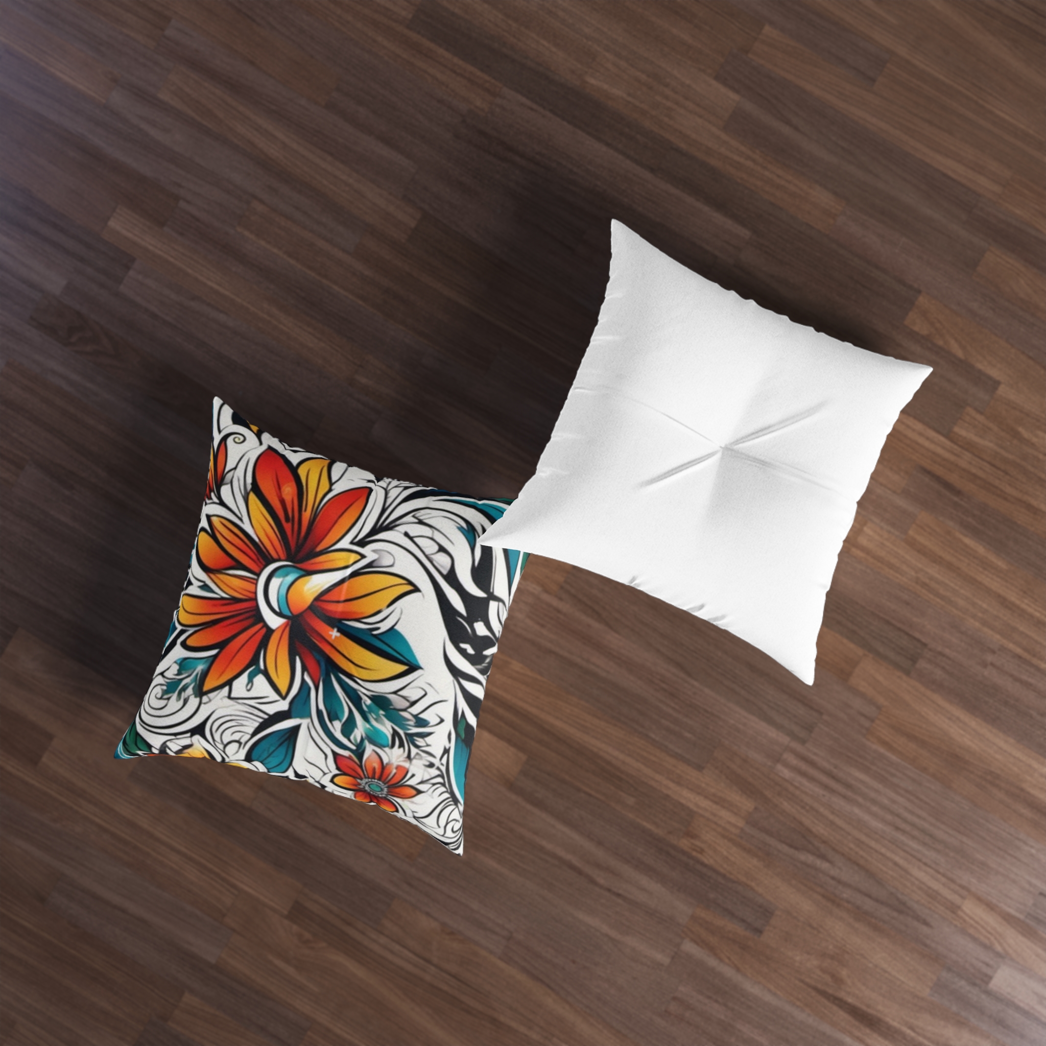 Boho Floral Tufted Floor Pillow – Vibrant Orange & Teal Square Cushion - Image 3