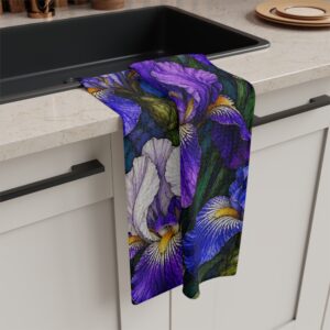 Iris Stained Glass Microfiber Tea Towel — Purple Floral Kitchen Towel