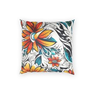 Floral Velvet Throw Pillow – Bold Orange & Teal Bloom Accent