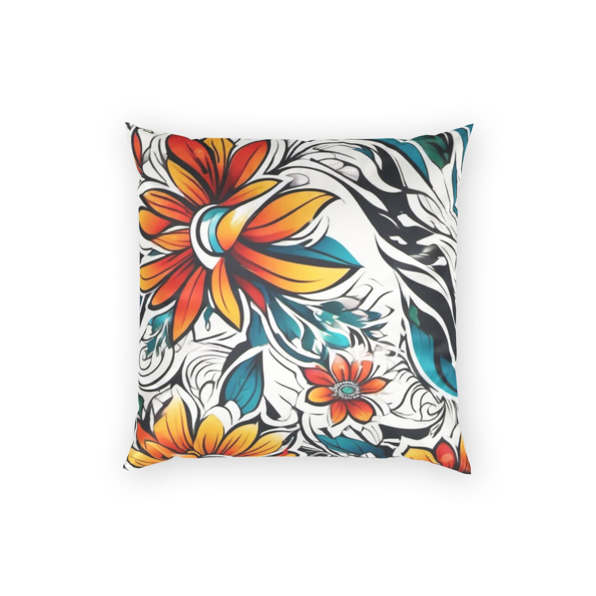 Floral Velvet Throw Pillow – Bold Orange & Teal Bloom Accent