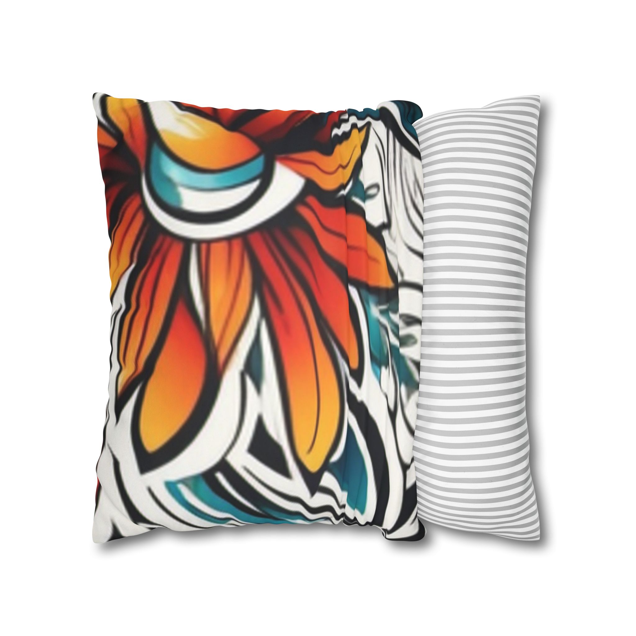 Boho Floral Throw Pillowcase — Colorful Orange Teal Faux Suede Square Pillow - Image 10