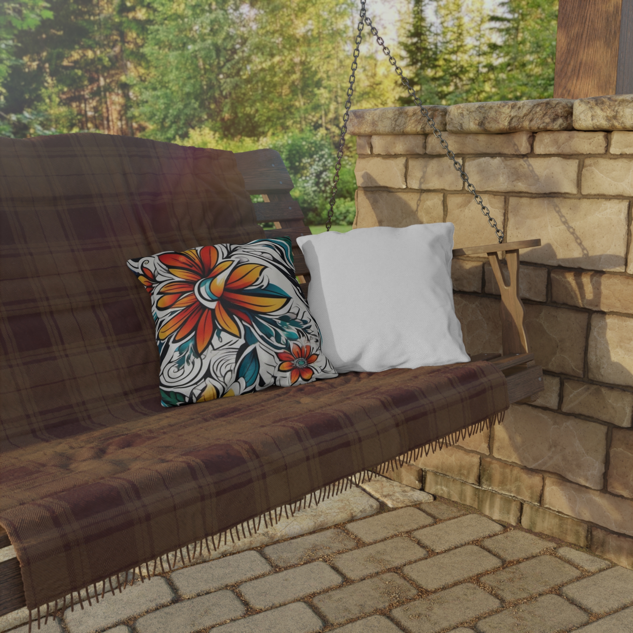 Floral Tropical Outdoor Pillow — Bold Orange & Teal Garden Accent - Image 4