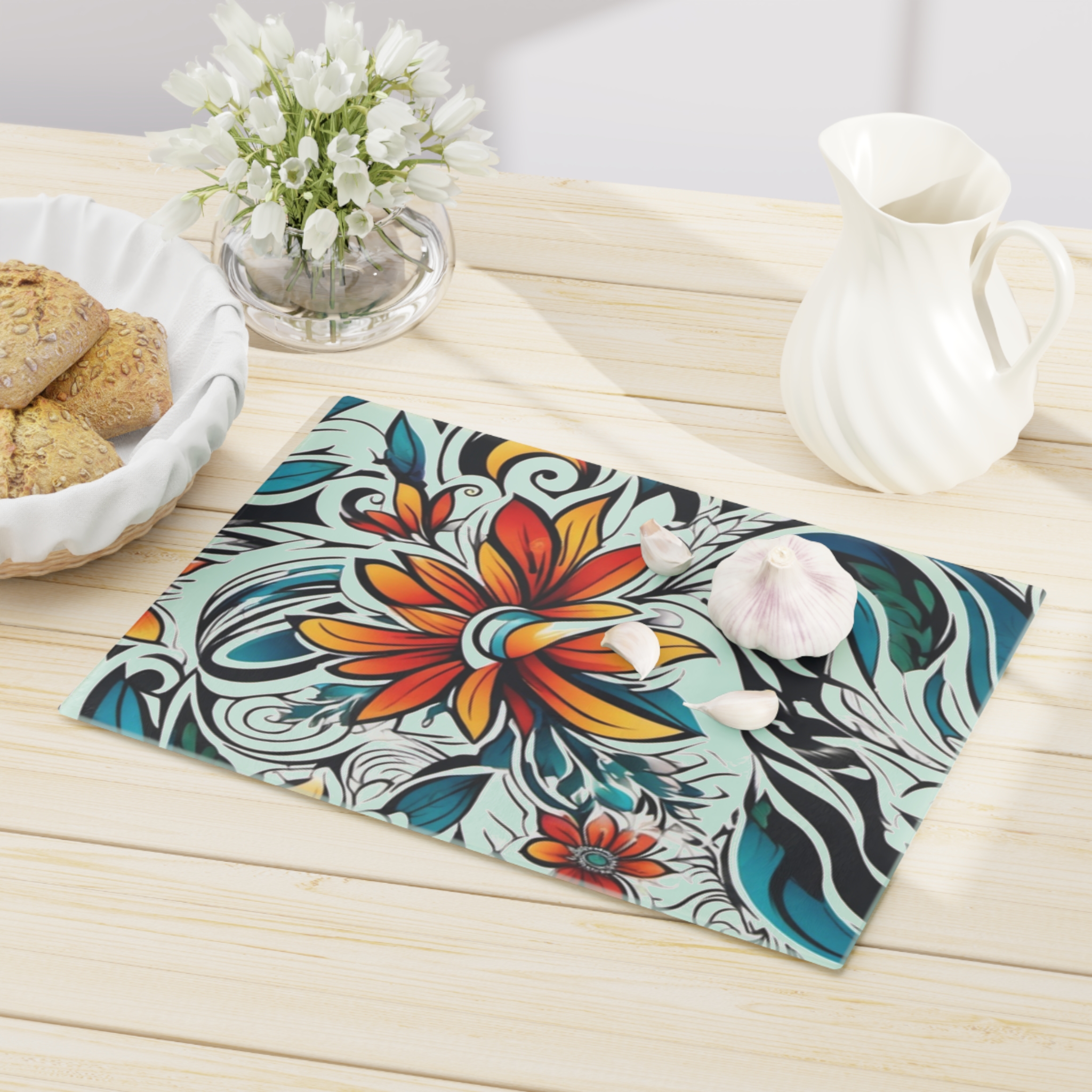 Floral Swirl Cutting Board — Decorative Tropical Flower Kitchen Board