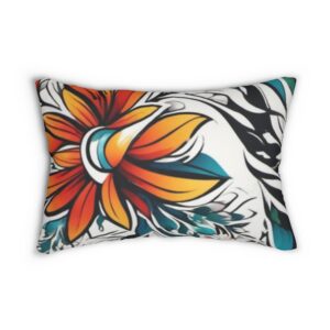 Floral Tattoo-Style Lumbar Pillow — Bold Orange & Teal Accent Cushion