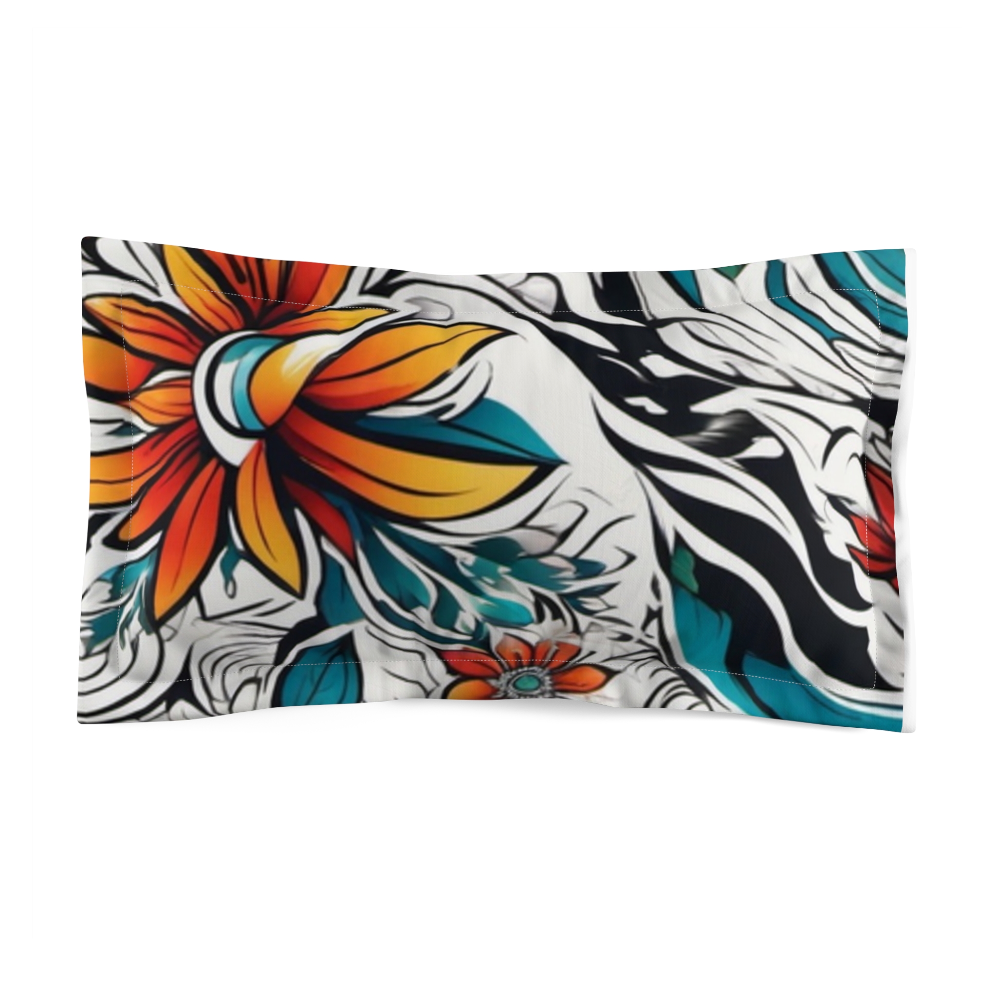 Floral Tattoo-Style Microfiber Pillow Sham — Bold Orange & Teal Bloom Design