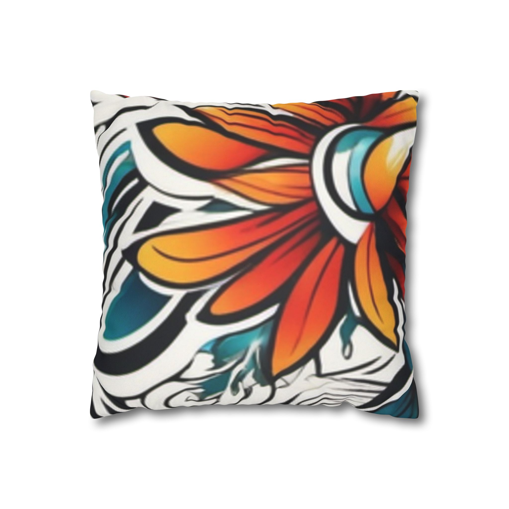 Boho Floral Throw Pillowcase — Colorful Orange Teal Faux Suede Square Pillow