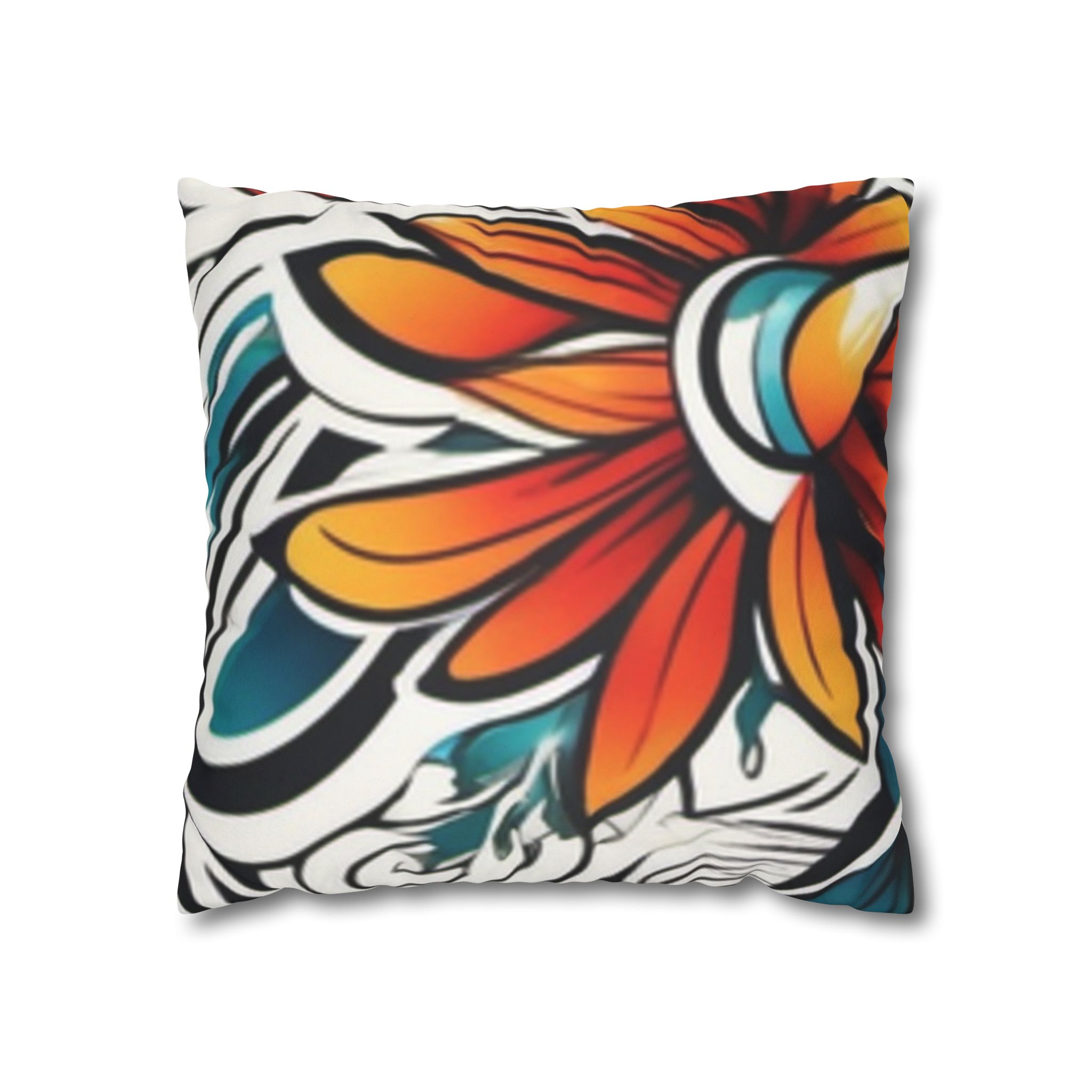 Boho Floral Throw Pillowcase — Colorful Orange Teal Faux Suede Square Pillow - Image 5