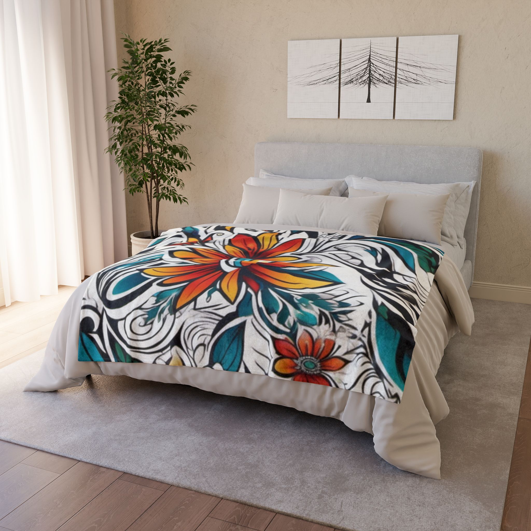 Floral Swirl Polyester Blanket — Vibrant Orange & Teal Bloom Throw - Image 8