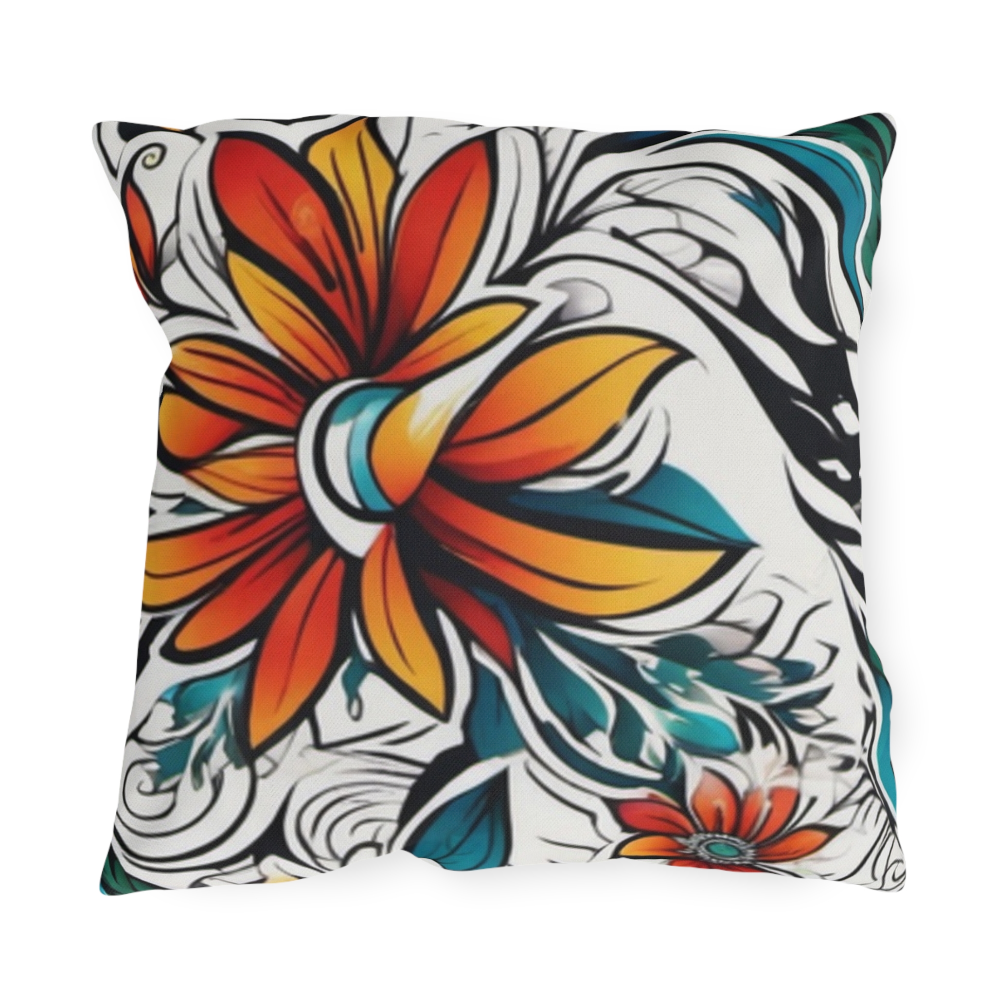 Floral Tropical Outdoor Pillow — Bold Orange & Teal Garden Accent - Image 9