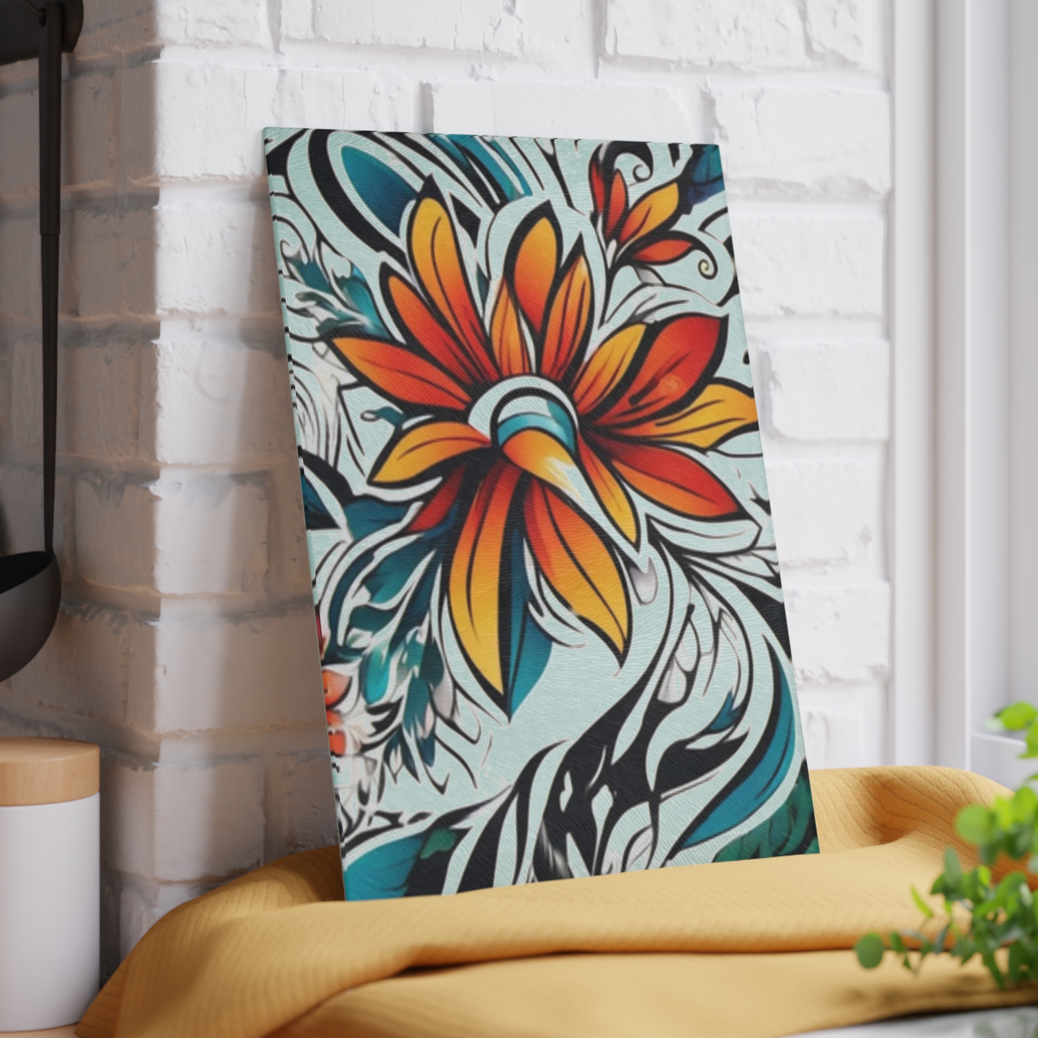 Floral Explosion Glass Cutting Board — Vibrant Orange & Teal Kitchen Art