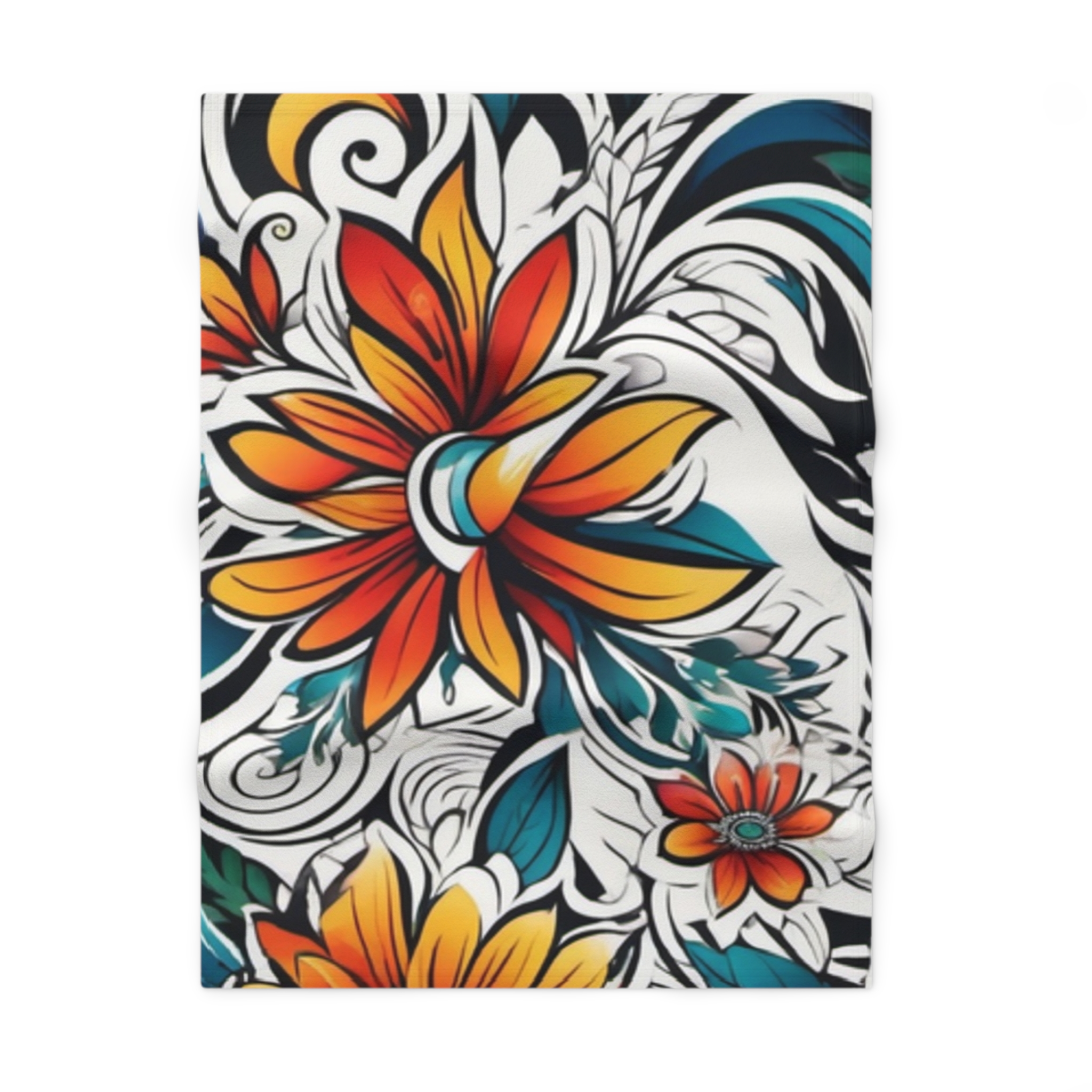Floral Burst Baby Blanket — Colorful Orange & Teal Fleece Throw