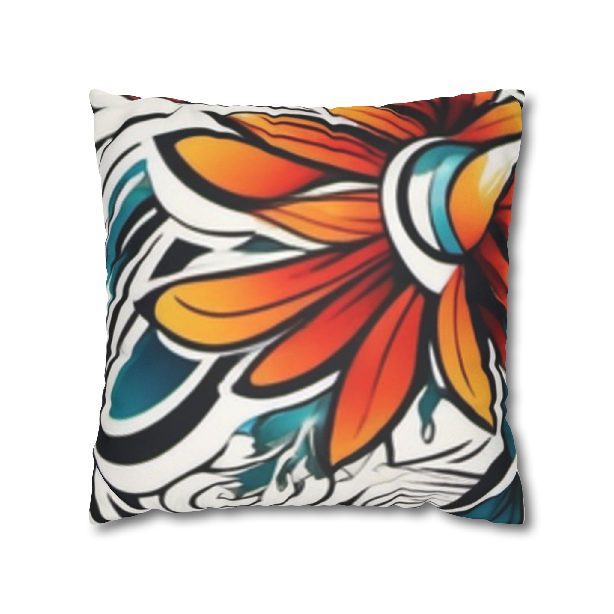 Boho Floral Throw Pillowcase — Colorful Orange Teal Faux Suede Square Pillow - Image 9