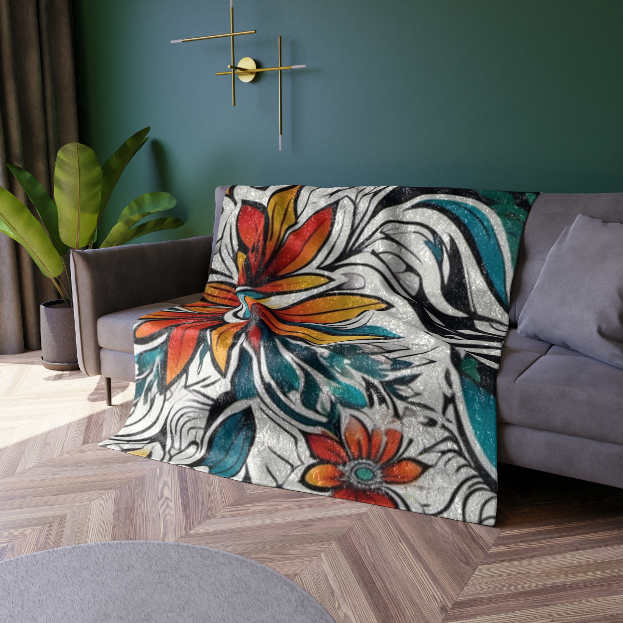 Crushed Velvet Blanket - Boho Floral Velvet Throw with Teal & Orange Sunflower Design - Image 4