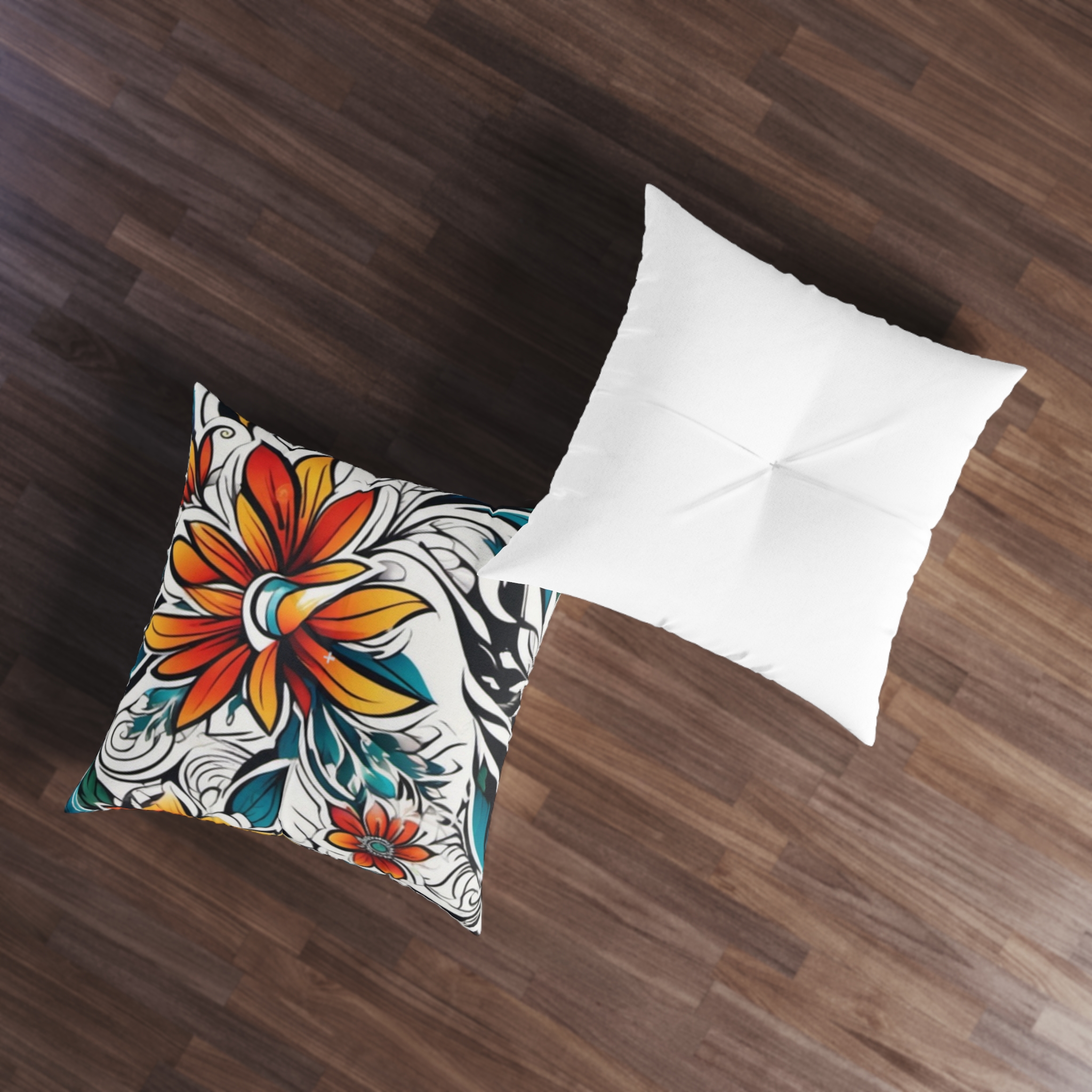 Boho Floral Tufted Floor Pillow – Vibrant Orange & Teal Square Cushion - Image 7