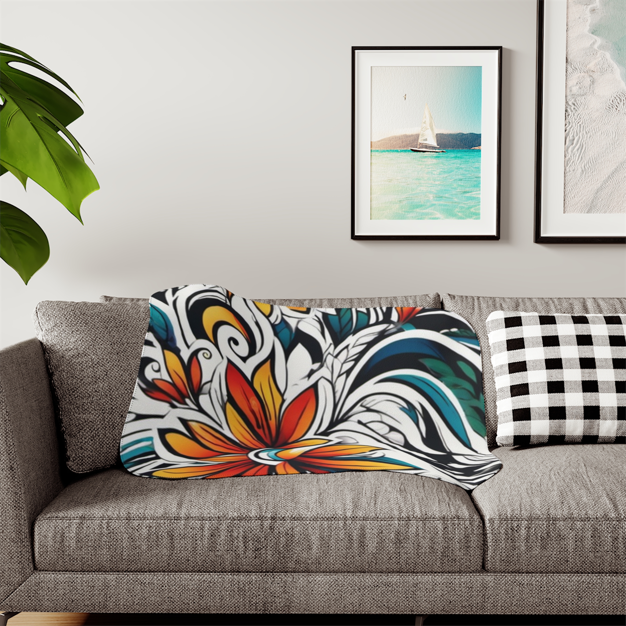 Floral Boho Sherpa Blanket — Colorful Tropical Flower Throw - Image 3