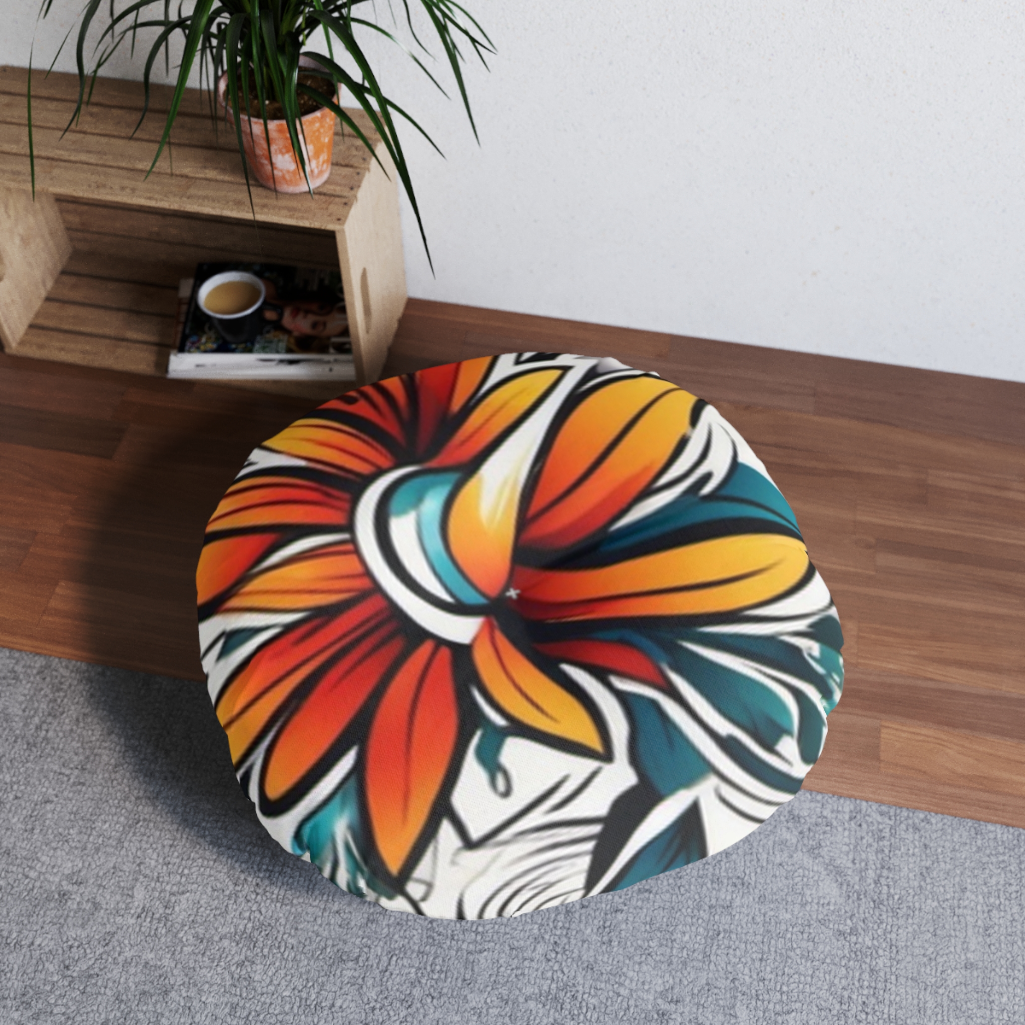 Round Tufted Floor Pillow — Vibrant Tropical Floral Cushion - Image 8