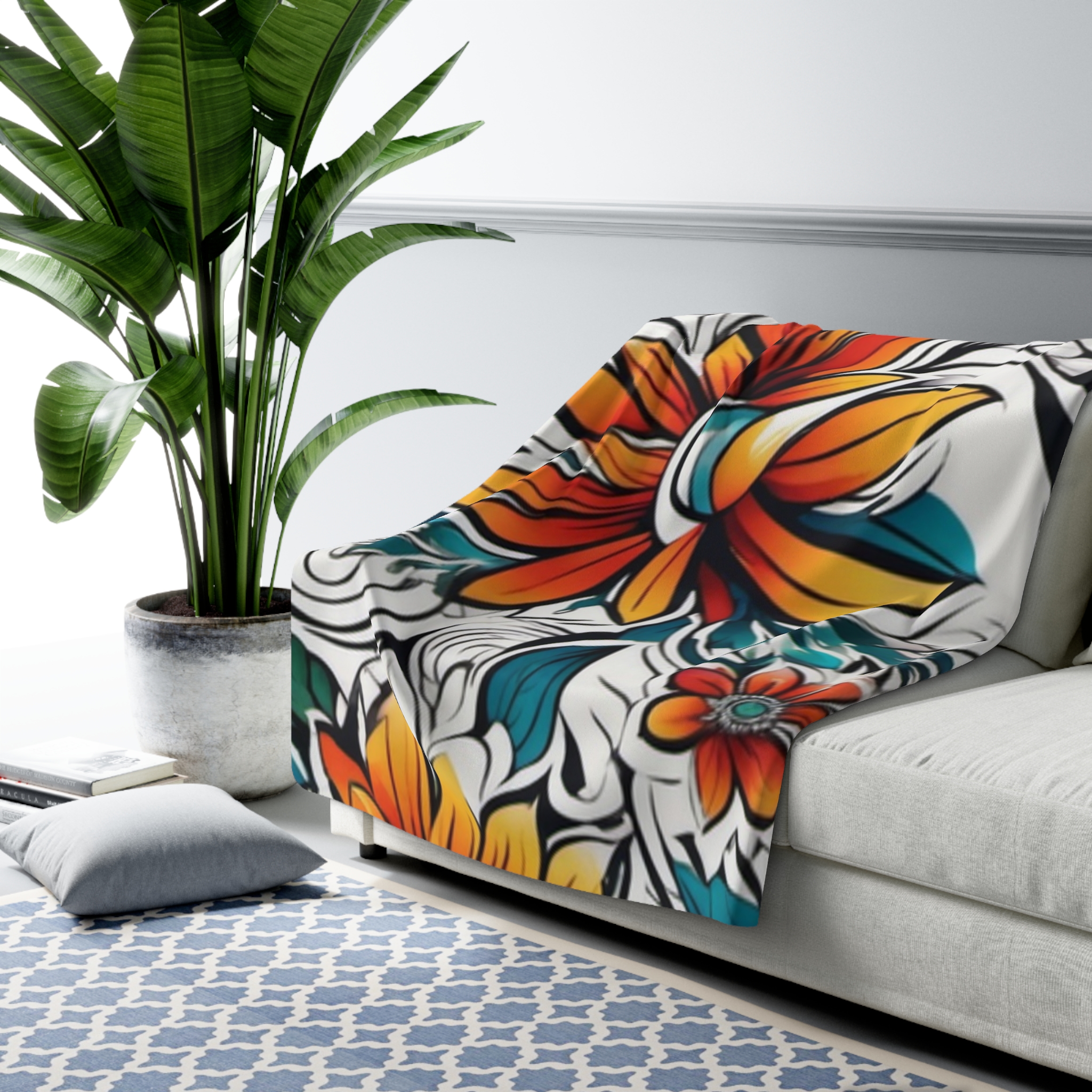 Tropical Floral Sherpa Blanket – Vibrant Orange & Teal Plumeria Throw - Image 7
