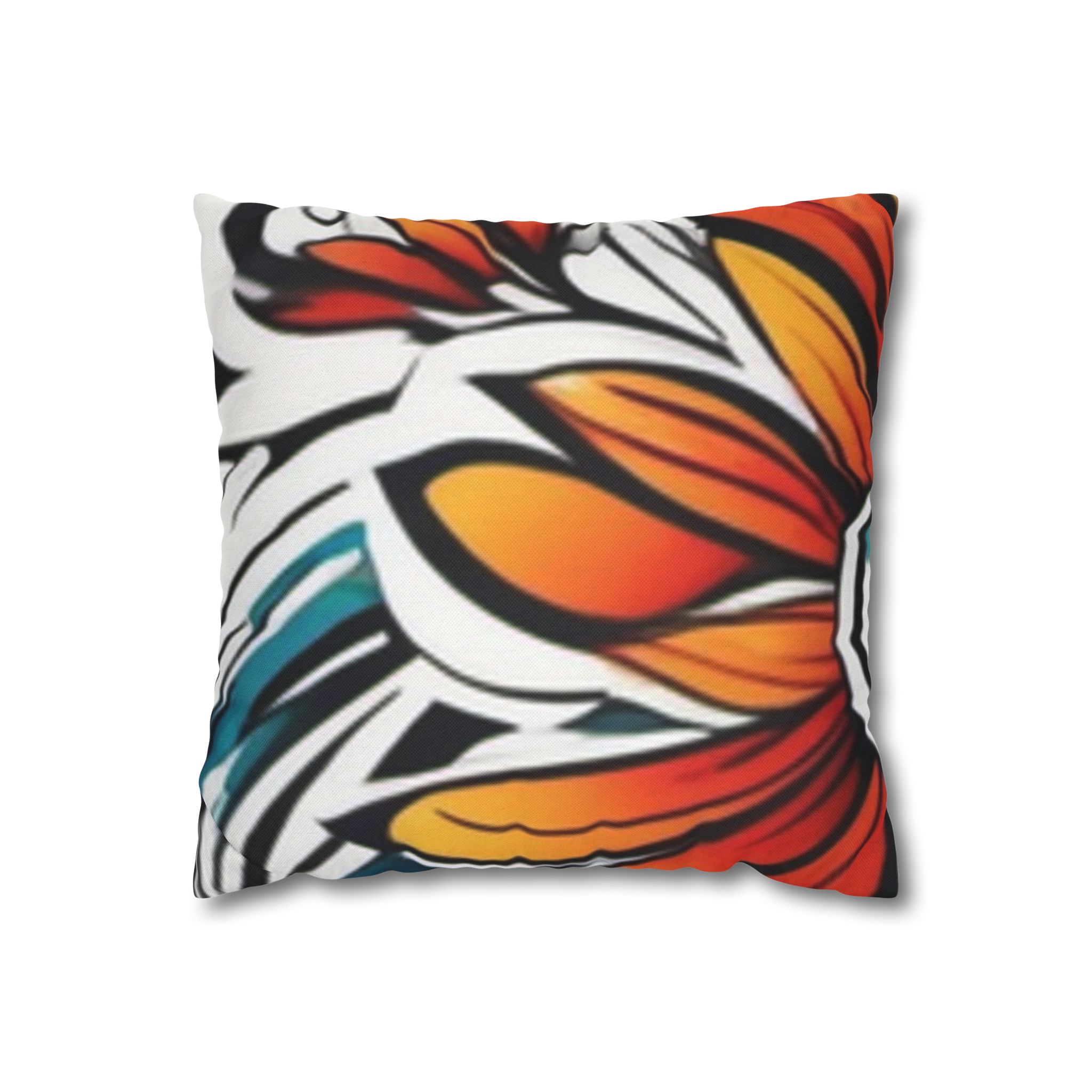 Floral Burst Square Pillowcase — Bold Orange & Teal Decorative Throw Pillow Cover