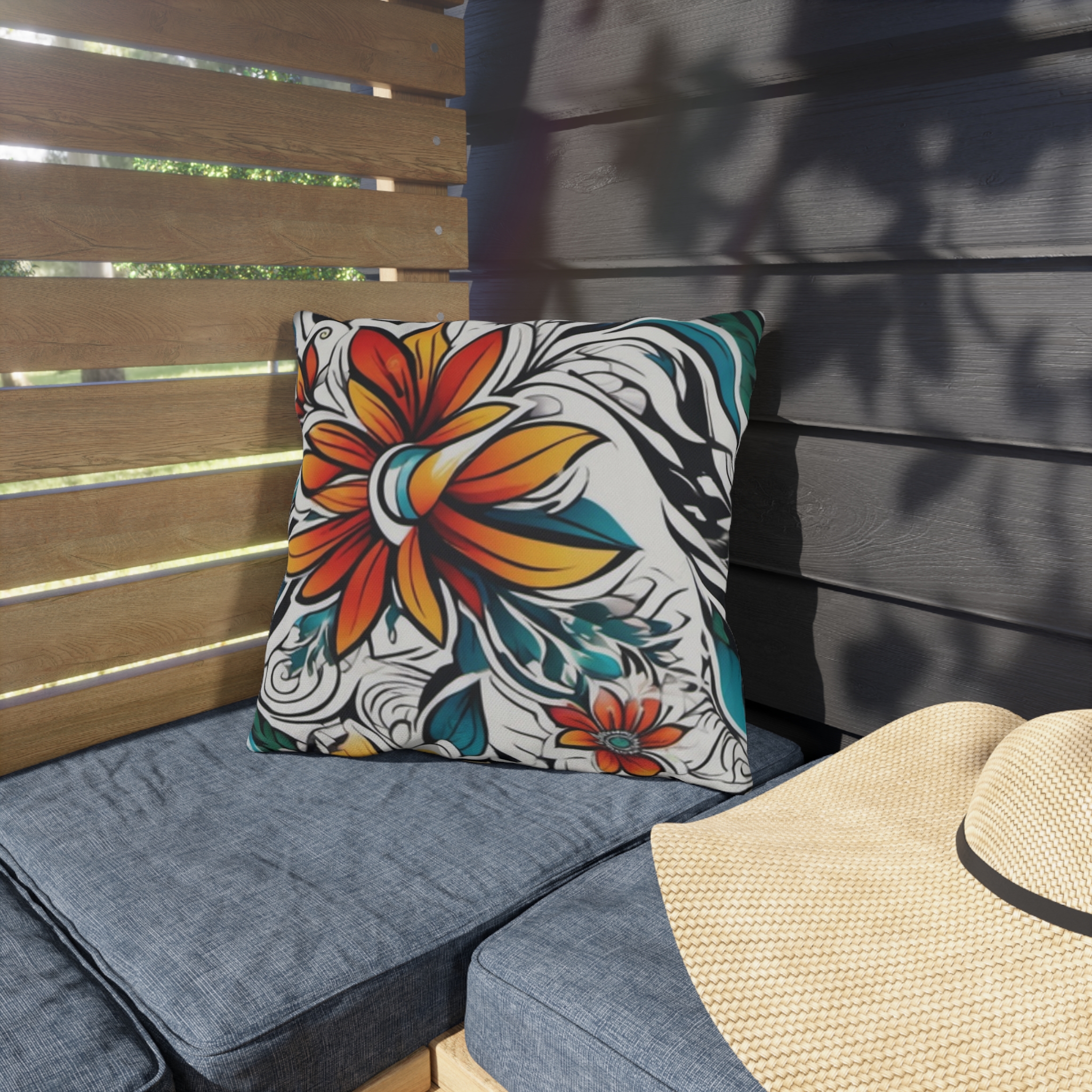 Floral Tropical Outdoor Pillow — Bold Orange & Teal Garden Accent - Image 3