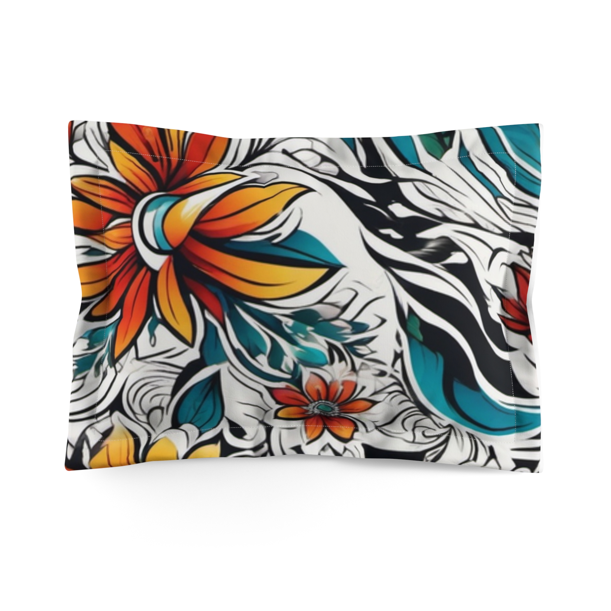 Floral Tattoo-Style Microfiber Pillow Sham — Bold Orange & Teal Bloom Design - Image 2