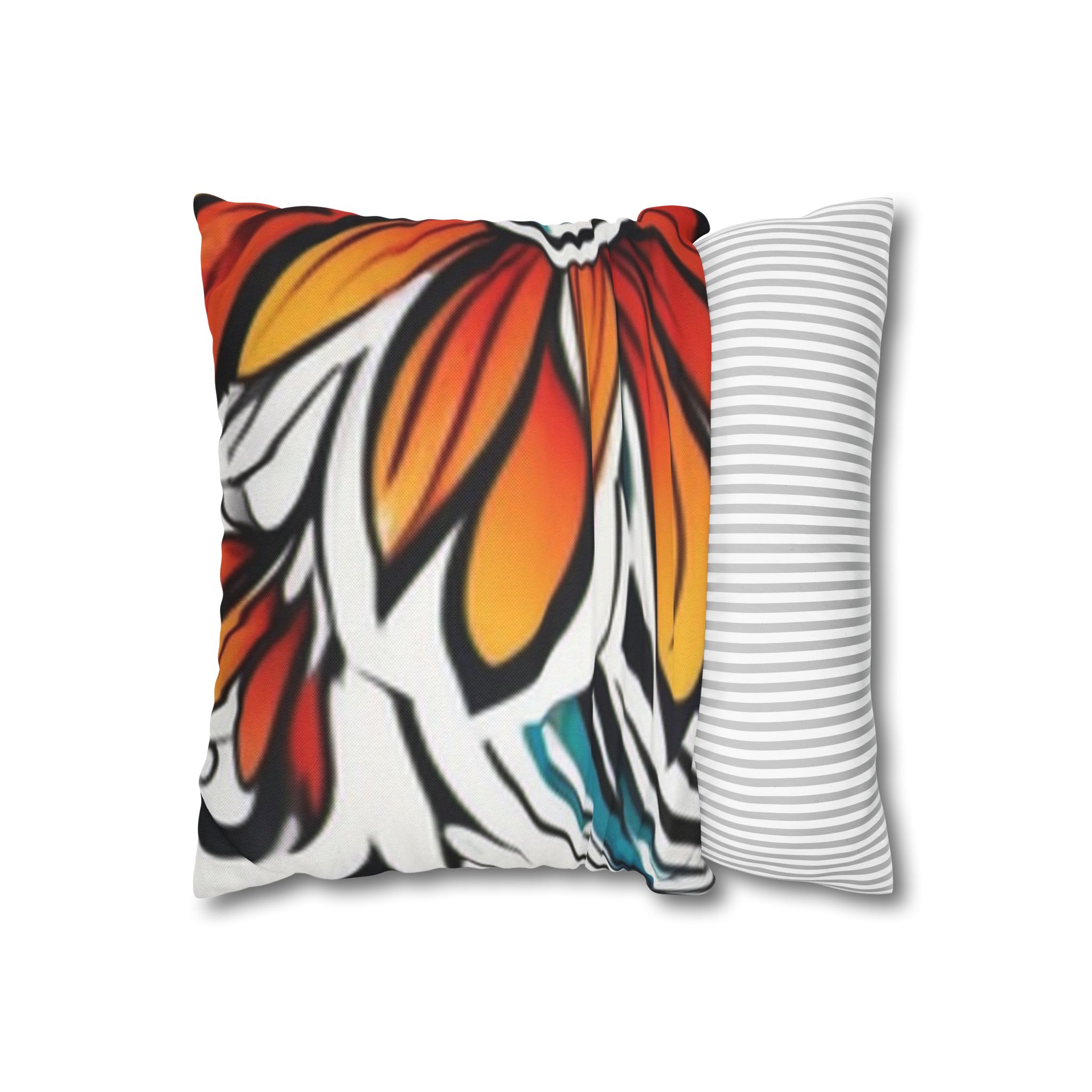 Floral Burst Square Pillowcase — Bold Orange & Teal Decorative Throw Pillow Cover - Image 2