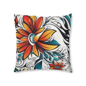 Boho Floral Tufted Floor Pillow – Vibrant Orange & Teal Square Cushion