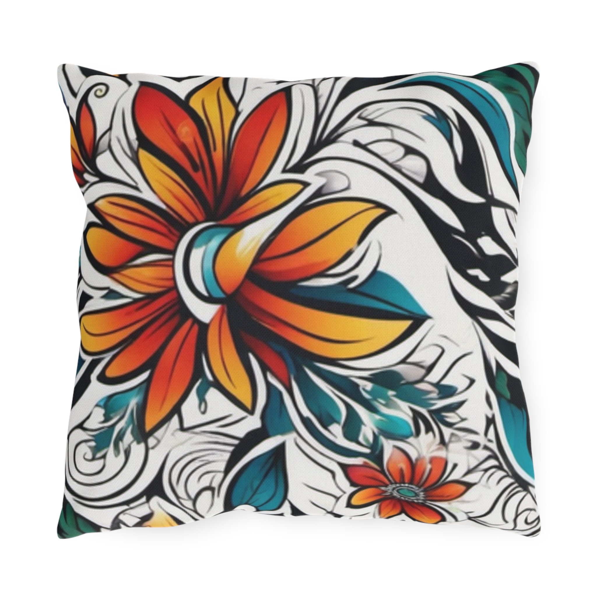 Floral Tropical Outdoor Pillow — Bold Orange & Teal Garden Accent