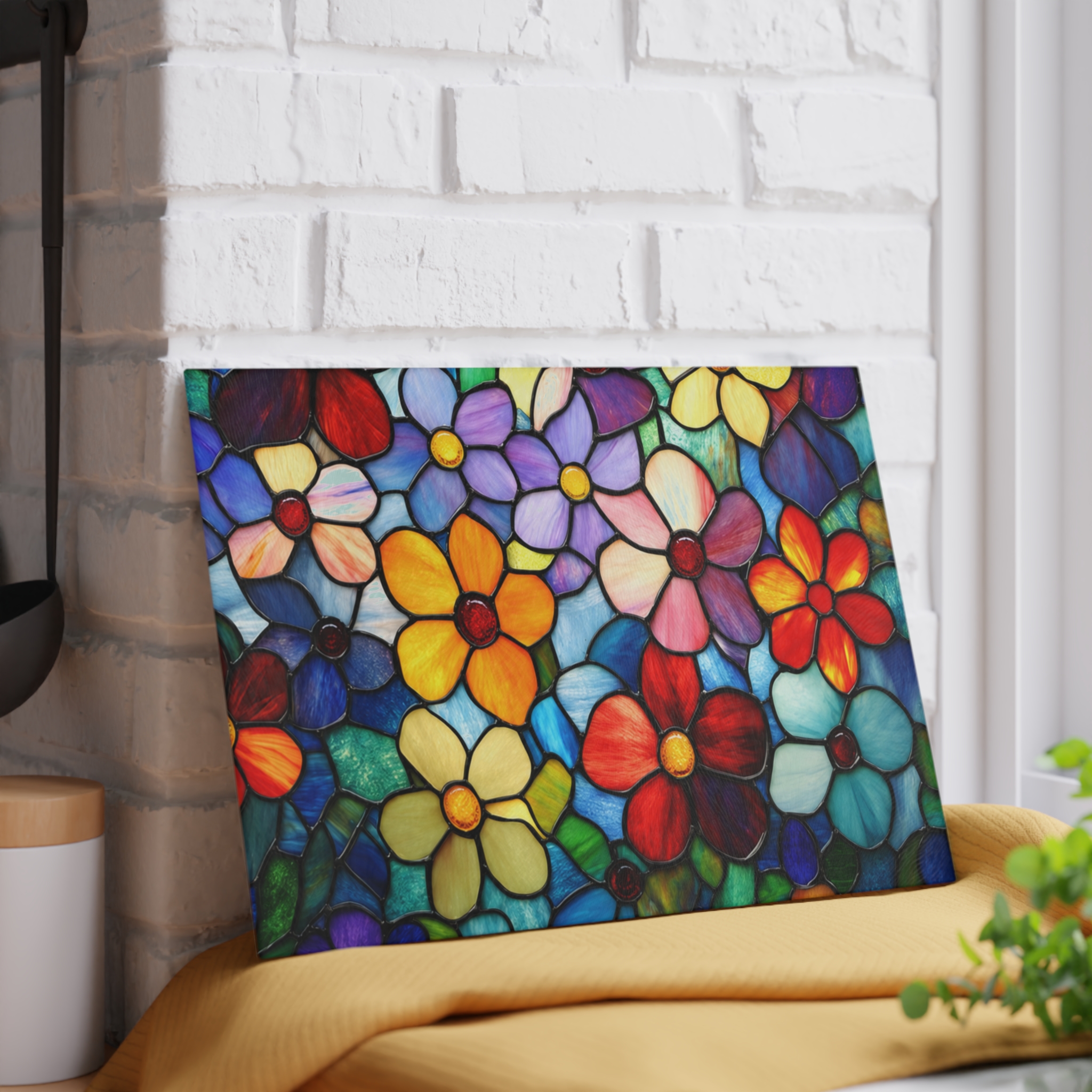 Glass Cutting Board — Colorful Stained Glass Floral Design