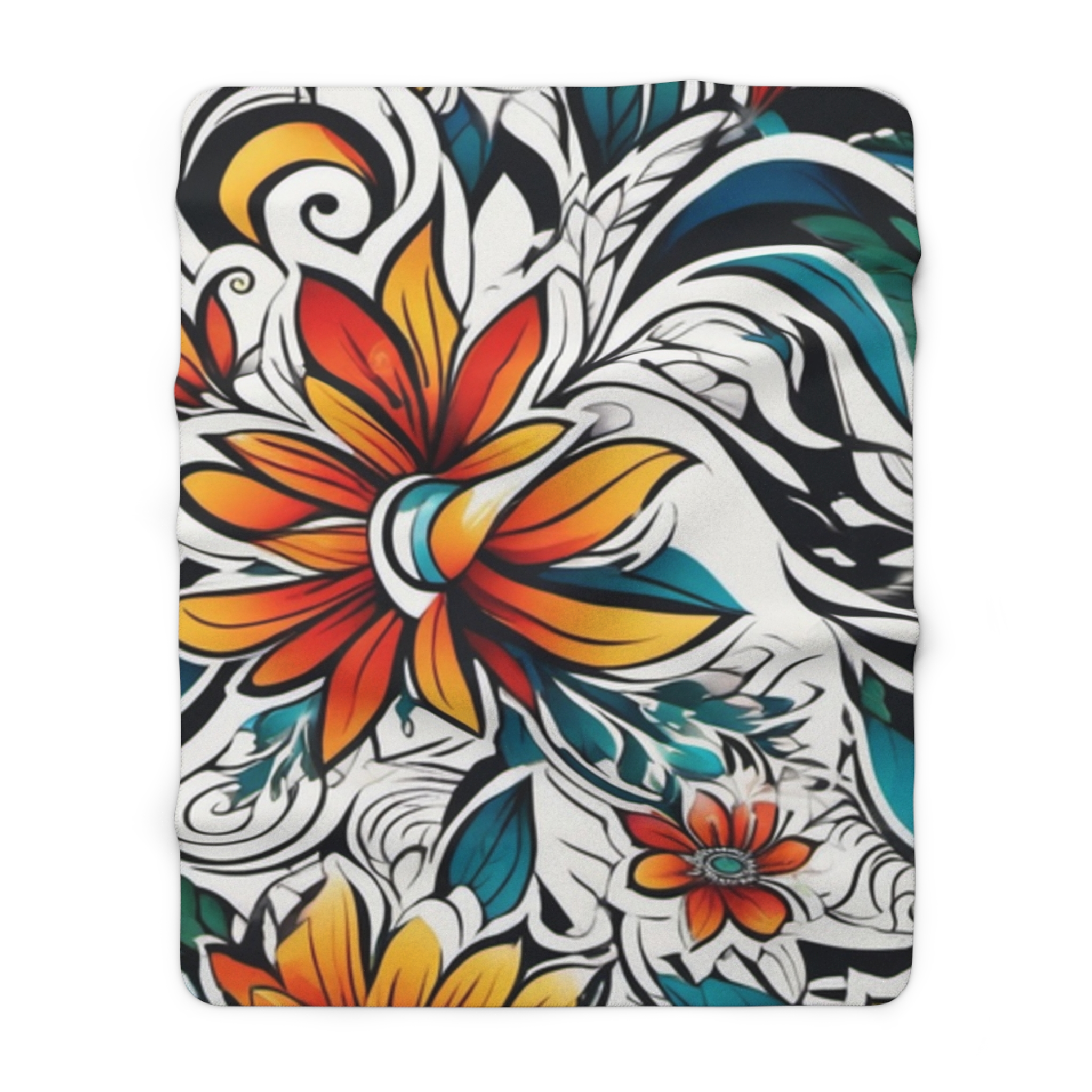 Tropical Floral Sherpa Blanket – Vibrant Orange & Teal Plumeria Throw - Image 5