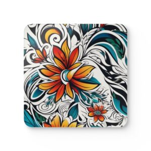 Floral Boho Coaster Set (4) — Vibrant Orange & Teal Flower Cork Back Coasters