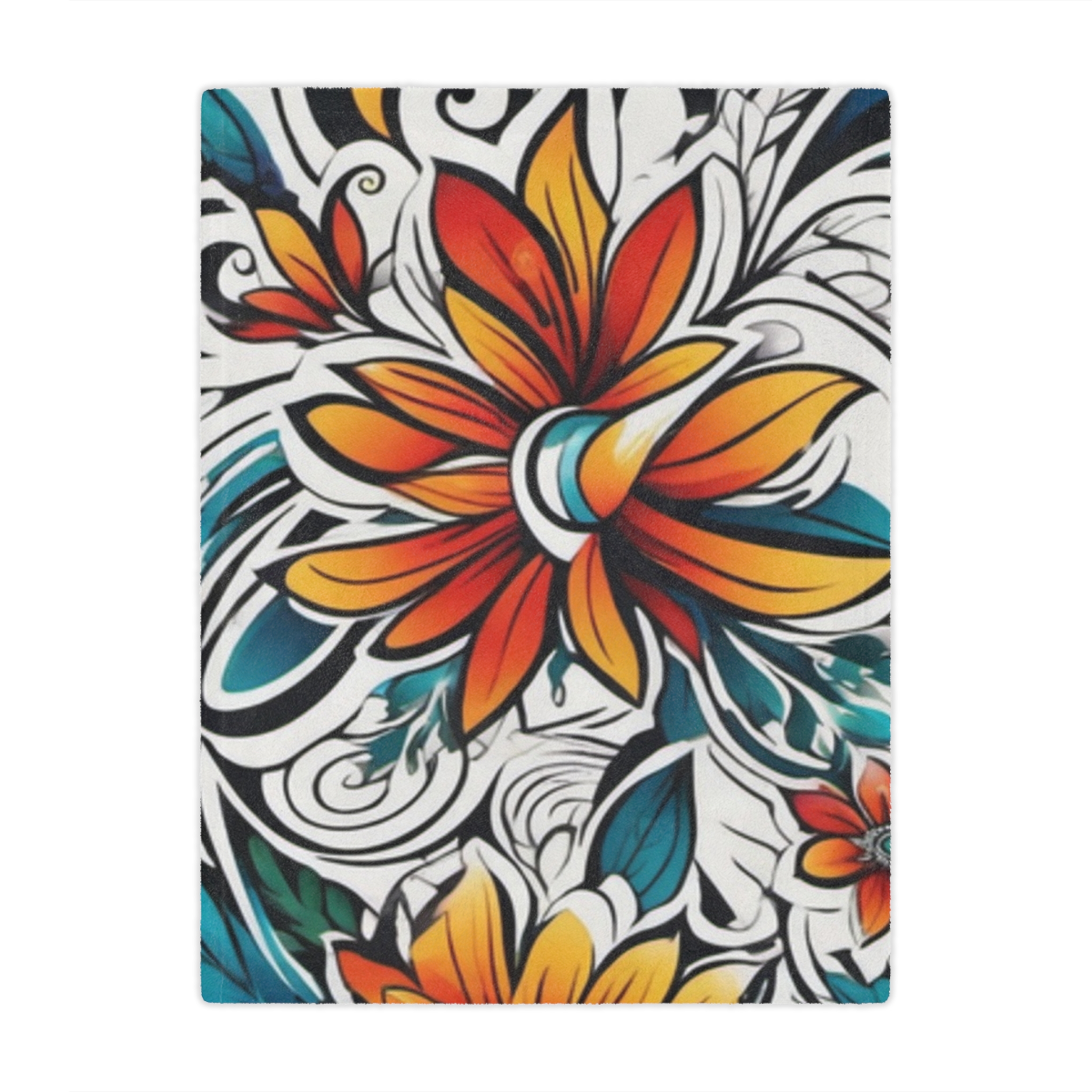 Floral Boho Minky Blanket – Vibrant Orange & Teal Flower Throw