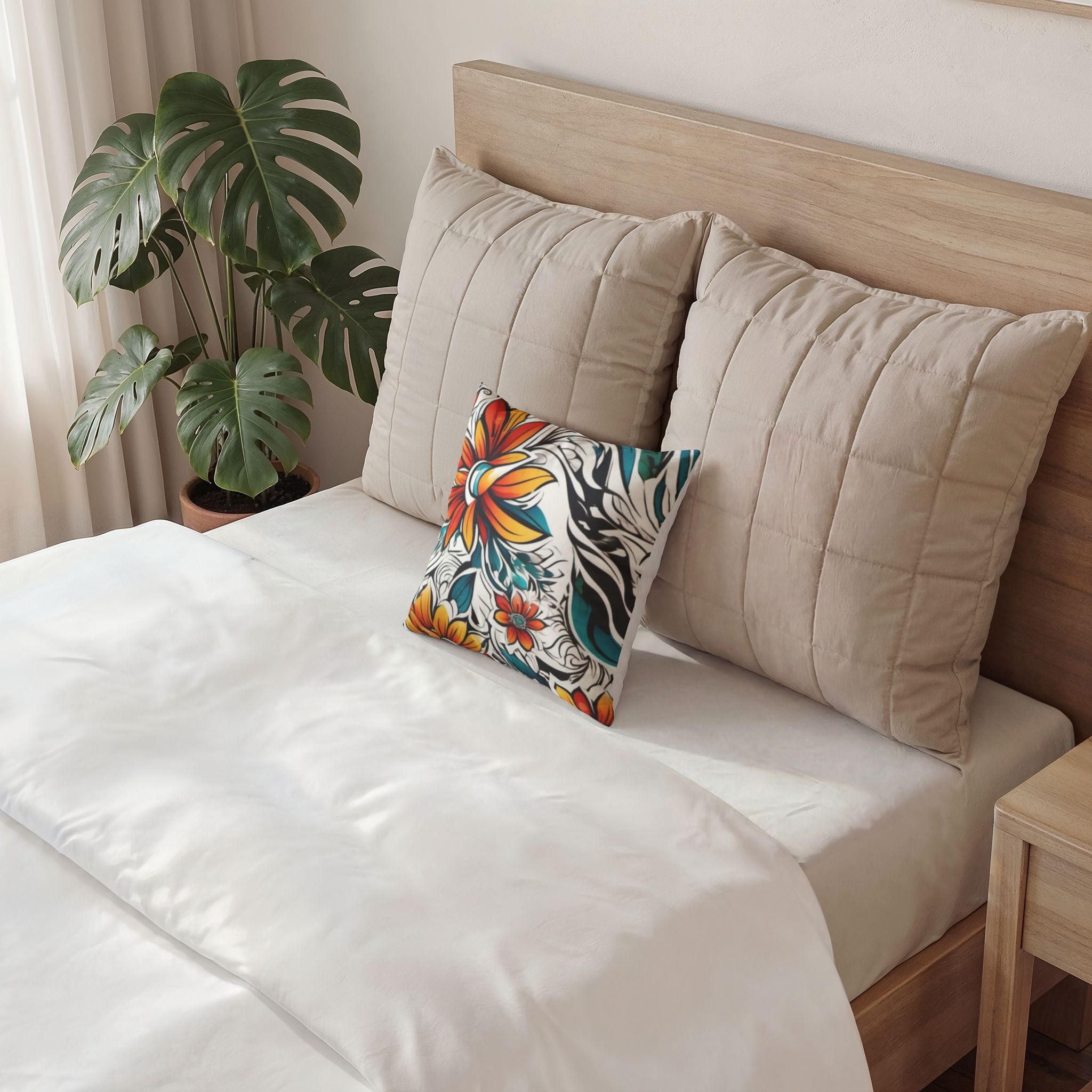 Floral Velvet Throw Pillow – Bold Orange & Teal Bloom Accent - Image 3