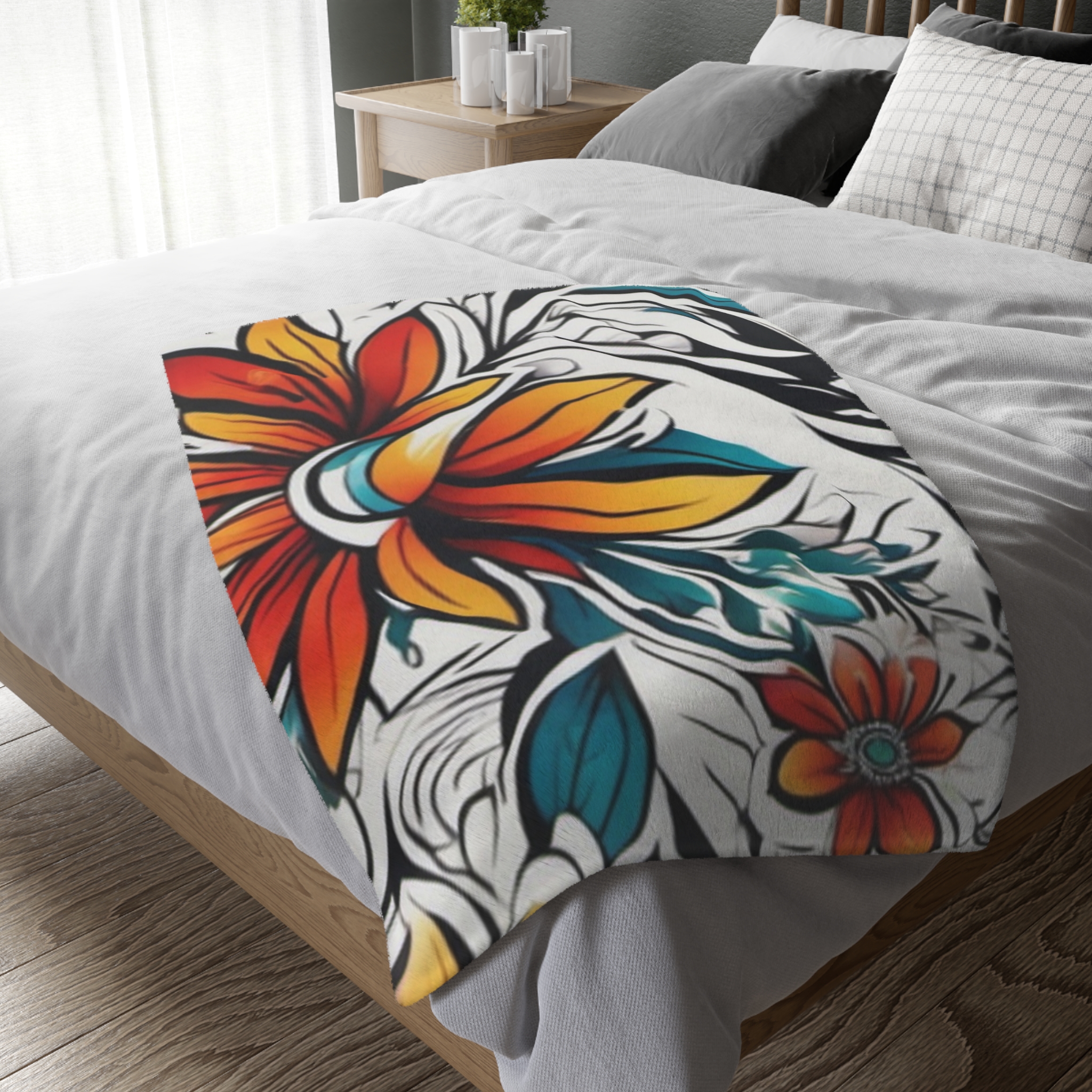 Floral Velvet Throw Blanket — Vibrant Orange & Teal Tropical Flower Microfiber - Image 4