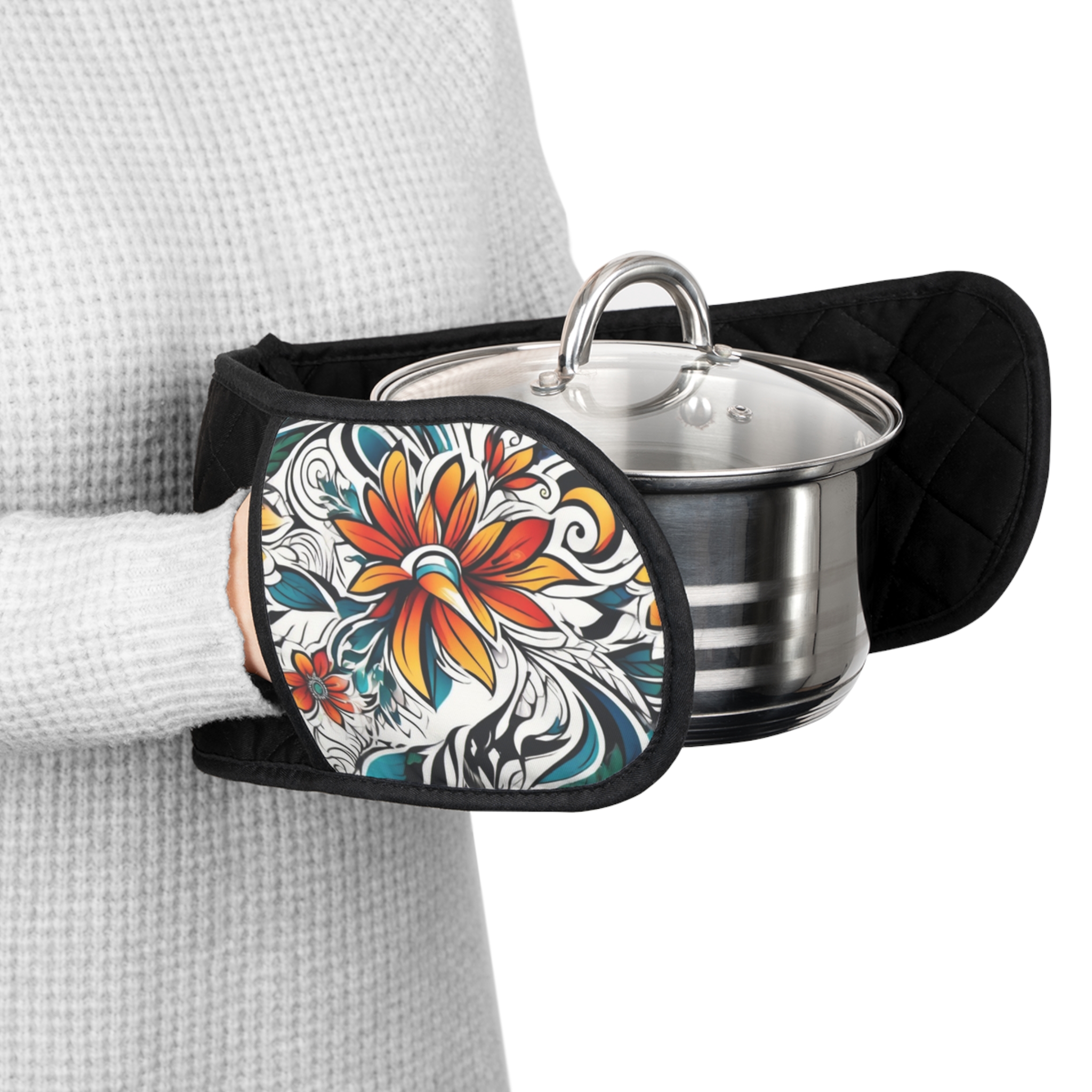 Floral Heat-Resistant Oven Mitts Strap — Double-Handled Pot Holder with Tropical Lily Design - Image 4