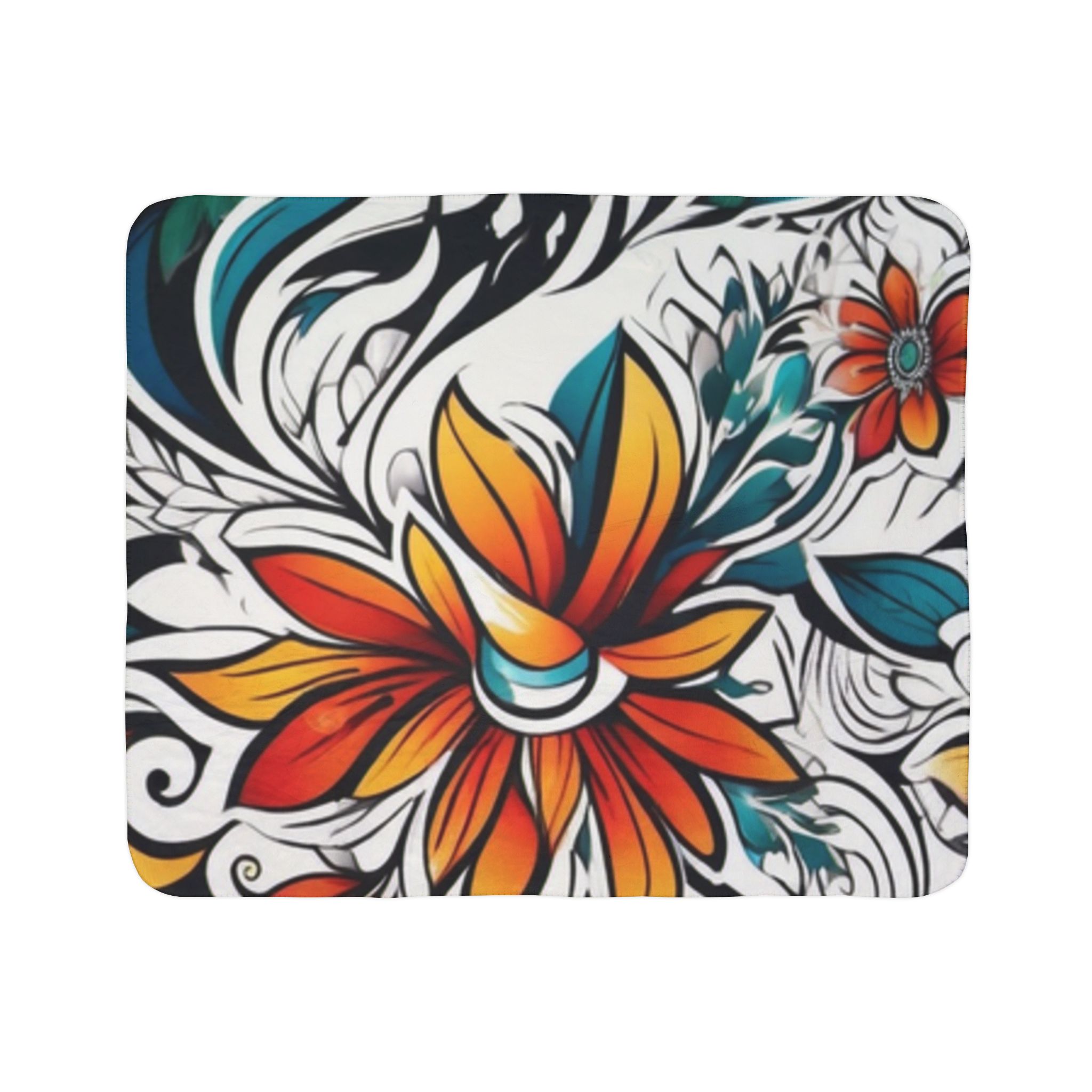 Floral Tropical Sherpa Blanket — Vibrant Orange & Teal Flower Throw - Image 2