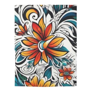 Floral Tropical Baby Swaddle Blanket — Bright Orange & Teal Hibiscus Print