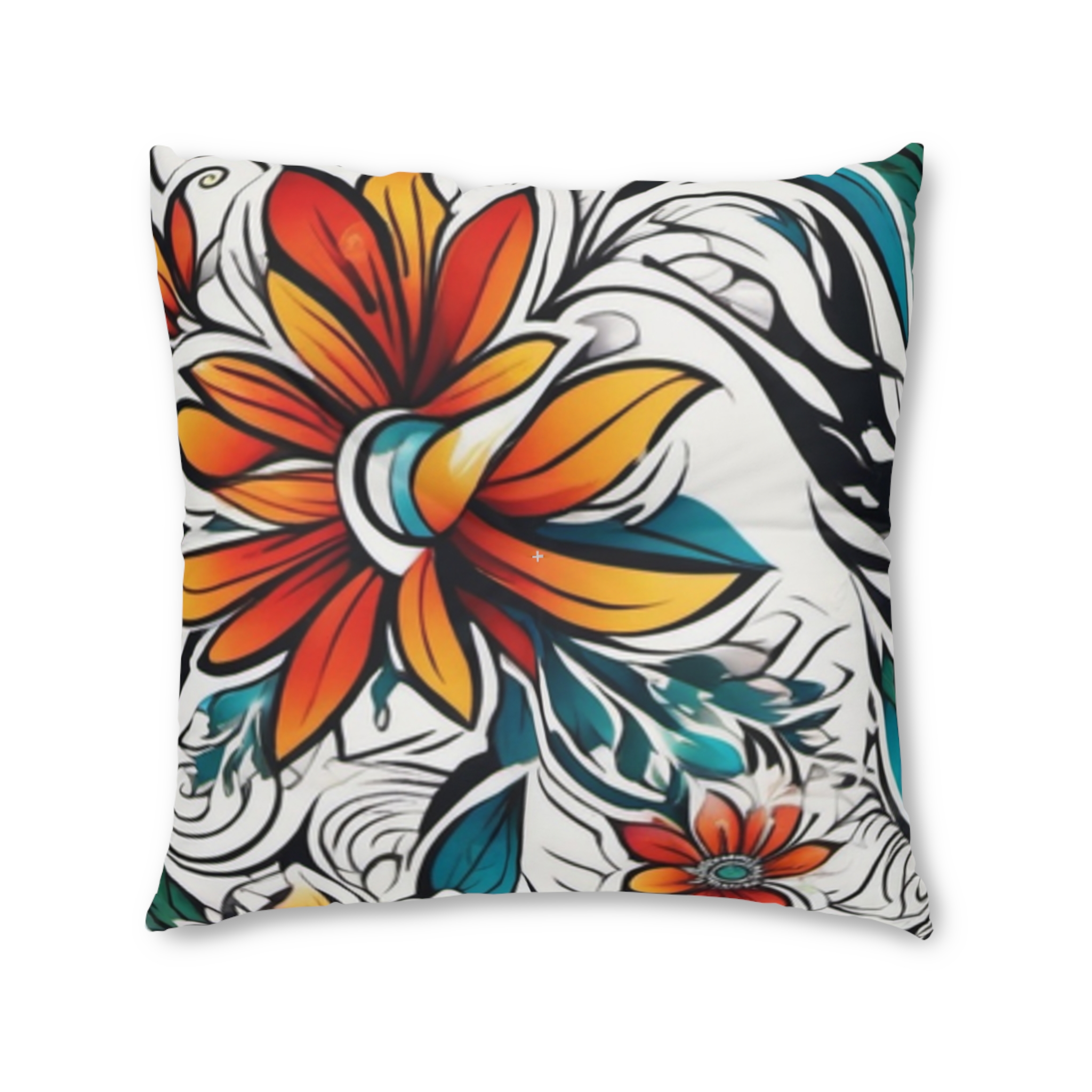 Boho Floral Tufted Floor Pillow – Vibrant Orange & Teal Square Cushion - Image 5