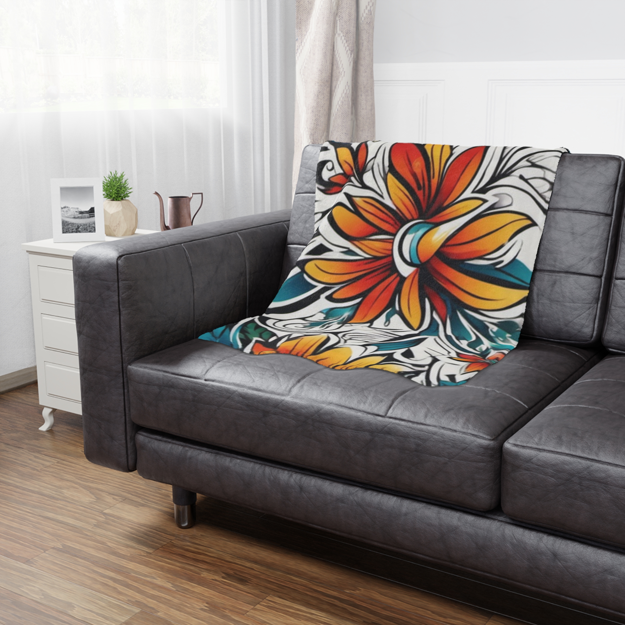 Floral Boho Minky Blanket – Vibrant Orange & Teal Flower Throw - Image 4