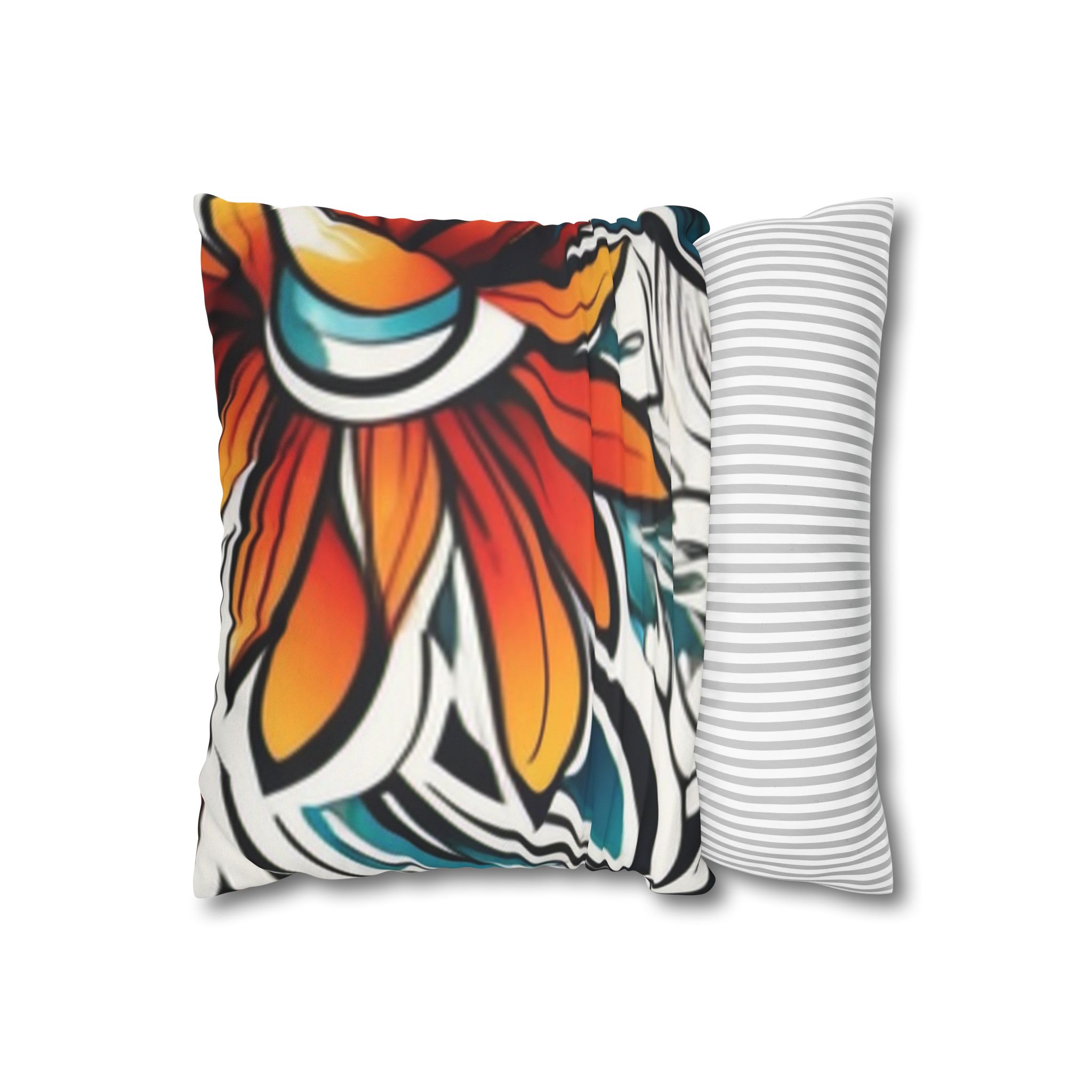 Boho Floral Throw Pillowcase — Colorful Orange Teal Faux Suede Square Pillow - Image 2
