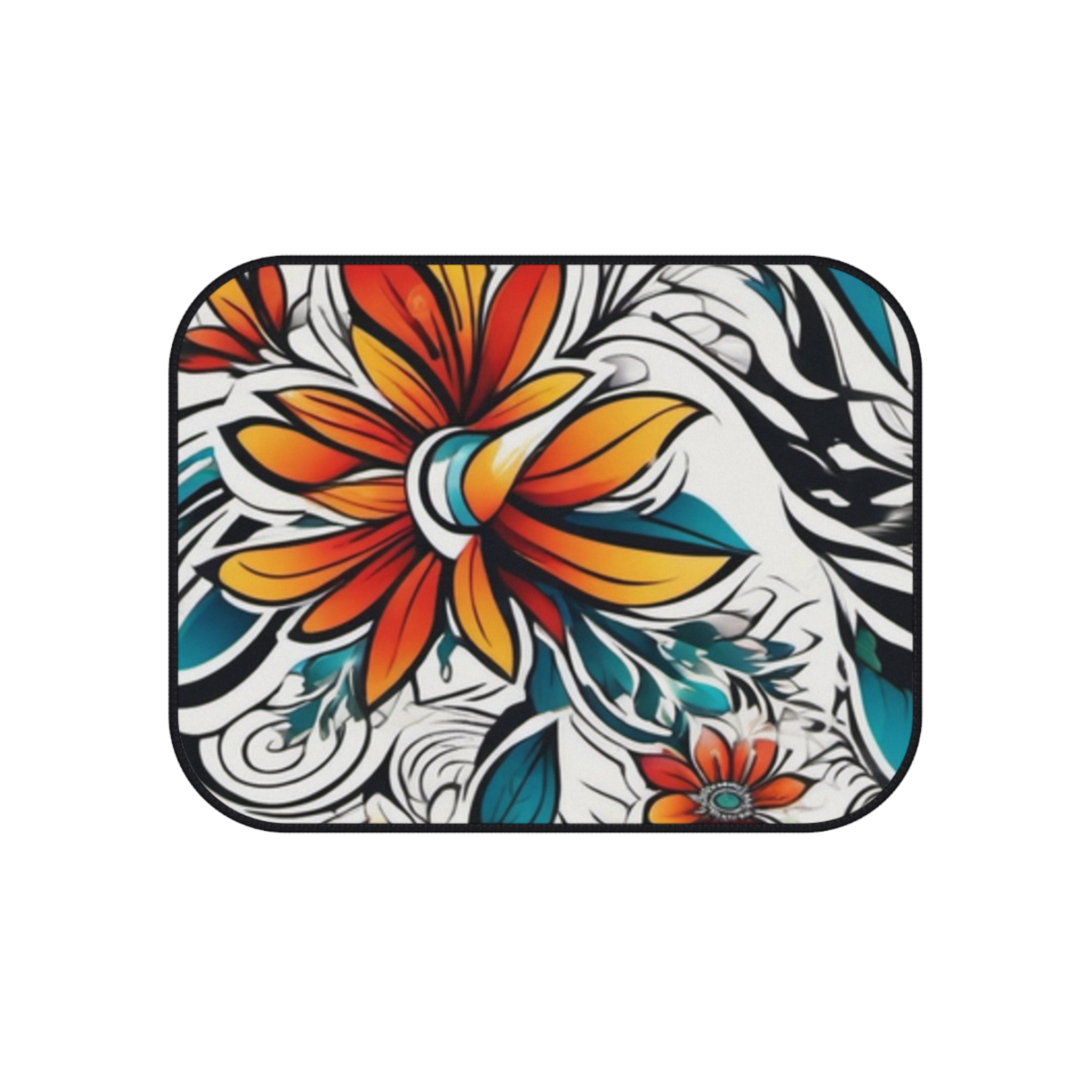 Floral Tattoo-Style Rear Car Mats — Orange Teal Blossom (Set of 2) - Image 2