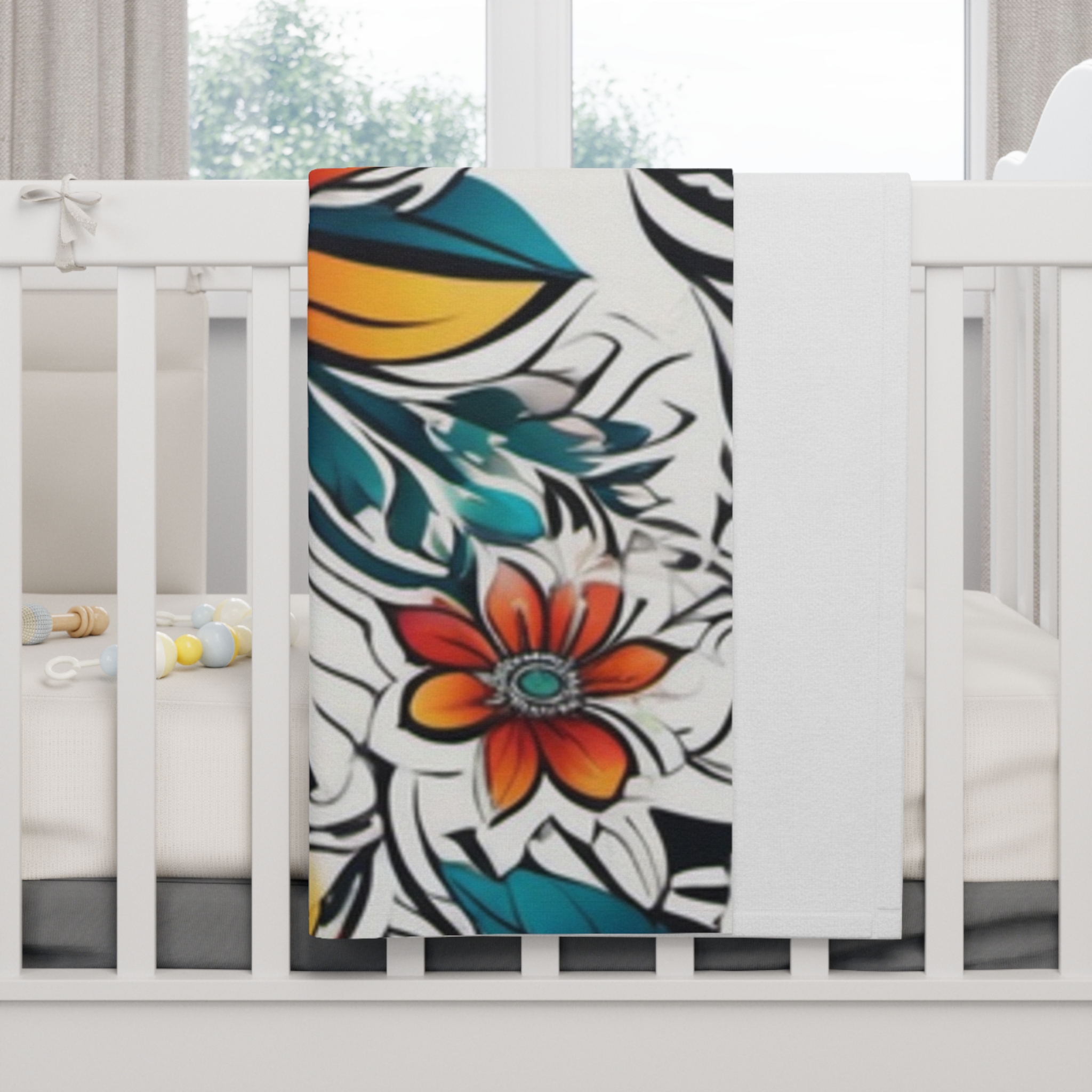 Floral Burst Baby Blanket — Colorful Orange & Teal Fleece Throw - Image 4